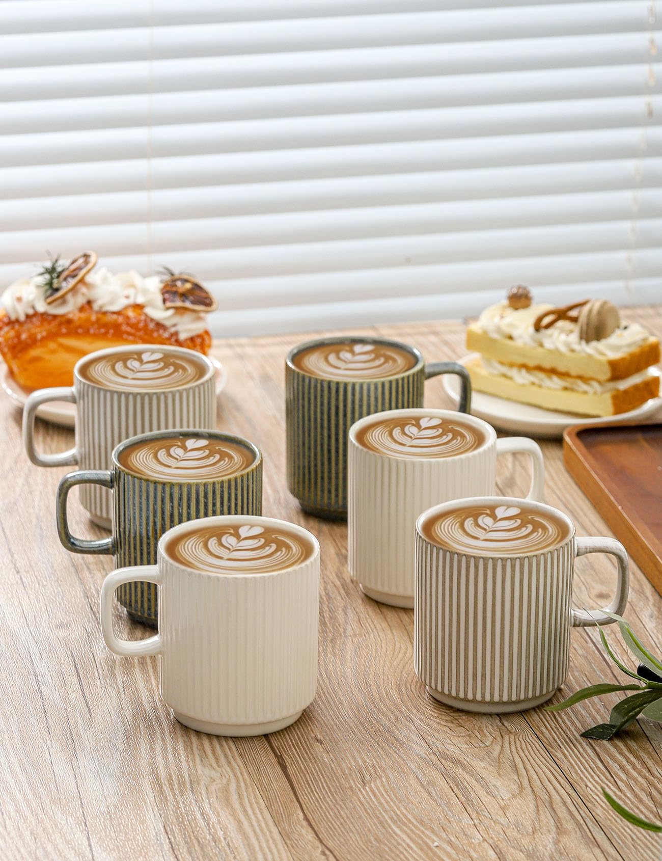 Seyatoo Coffee Mugs Set of 4, Ceramic Ribbed Coffee Mug, Tea Coffee Cups Set with Handle, Porcelain Mug for Americano, Latte, Cappuccino, Hot Chocolate, Glazed White