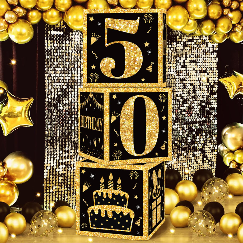 50th Birthday Decorations Boxes for Men- 3PCS Black Gold Happy 50th Birthday Balloons Boxes, 50 Year Old Party Supplies for Men Women