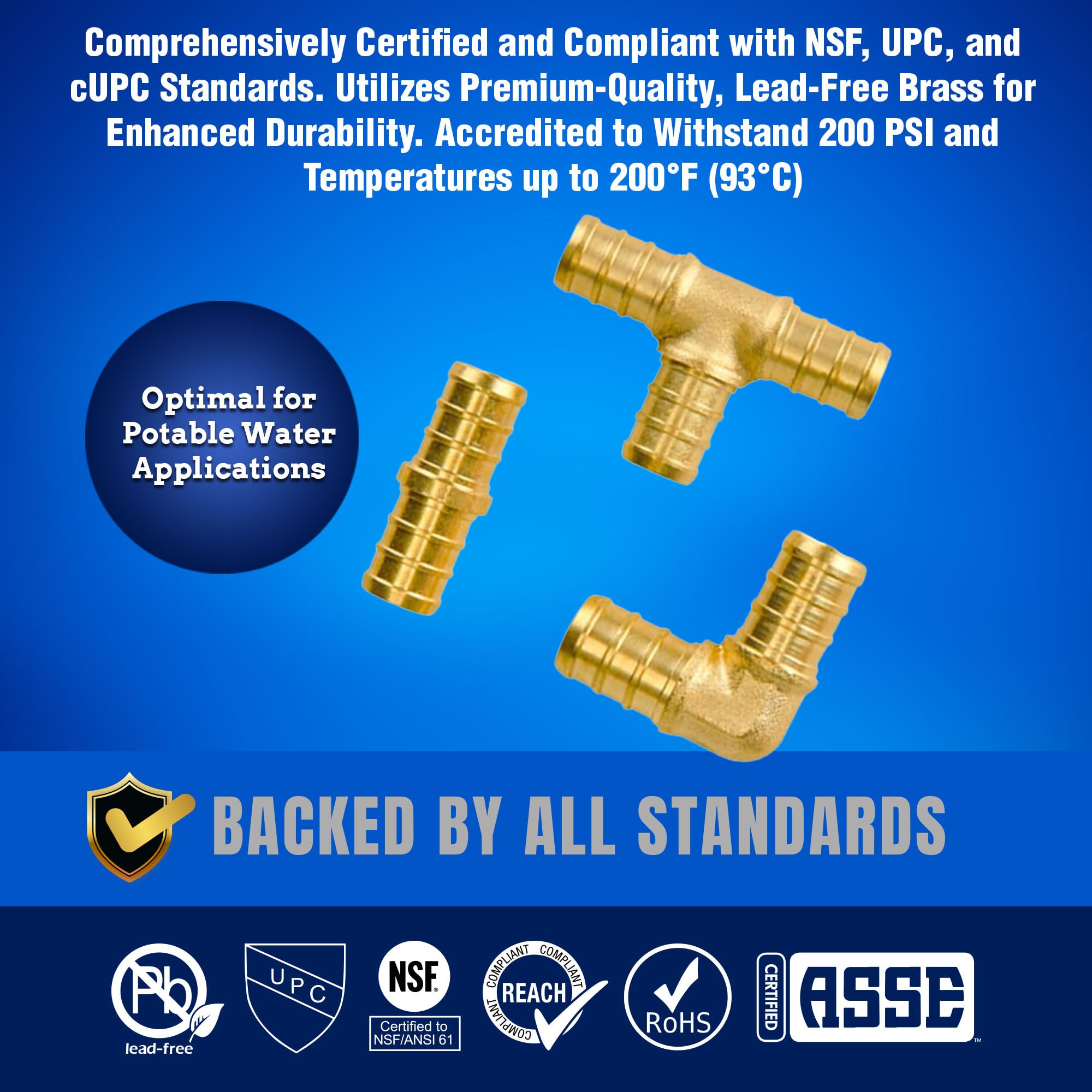 New Age America® 18pcs 1/2" PEX Fittings AquaFlow 360™ | 6 Elbow + 6 Tee + 6 Coupling | 1/2 Inch Brass | Barb PEX Fittings for PEX Pipe | Lead-Free Fittings | NSF, UPC, CUPC, ASTM F1807 Certified