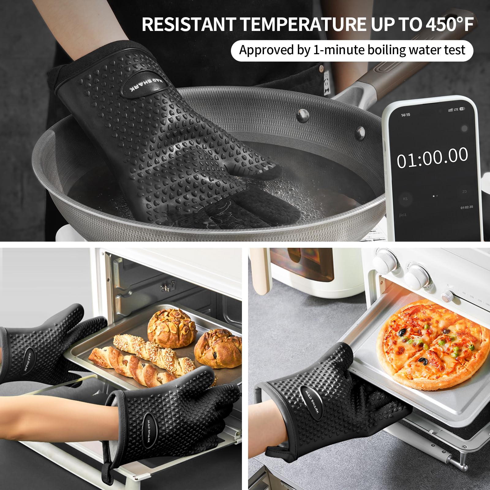 MAD SHARK Silicone Oven Mitts Heat Resistant 450 Degrees,Waterproof & Non-Slip Oven Gloves with Fingers,Cotton Lined Silicone Oven Gloves Kitchen Mitts for Baking Cooking Barbecue,Women (Black)