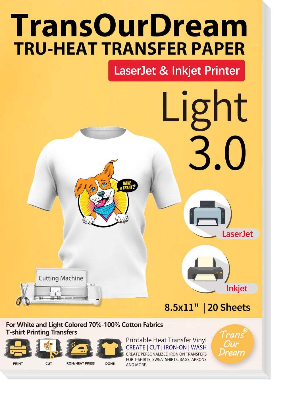 TransOurDream Iron on Heat Transfer Paper for Light T Shirts (20 Sheets 8.5x11", 3.0) Printable HTV Heat Transfer Vinyl for Inkjet & Laserjet Printer Iron On transfers for T Shirts (TRANS-L3-1-20)