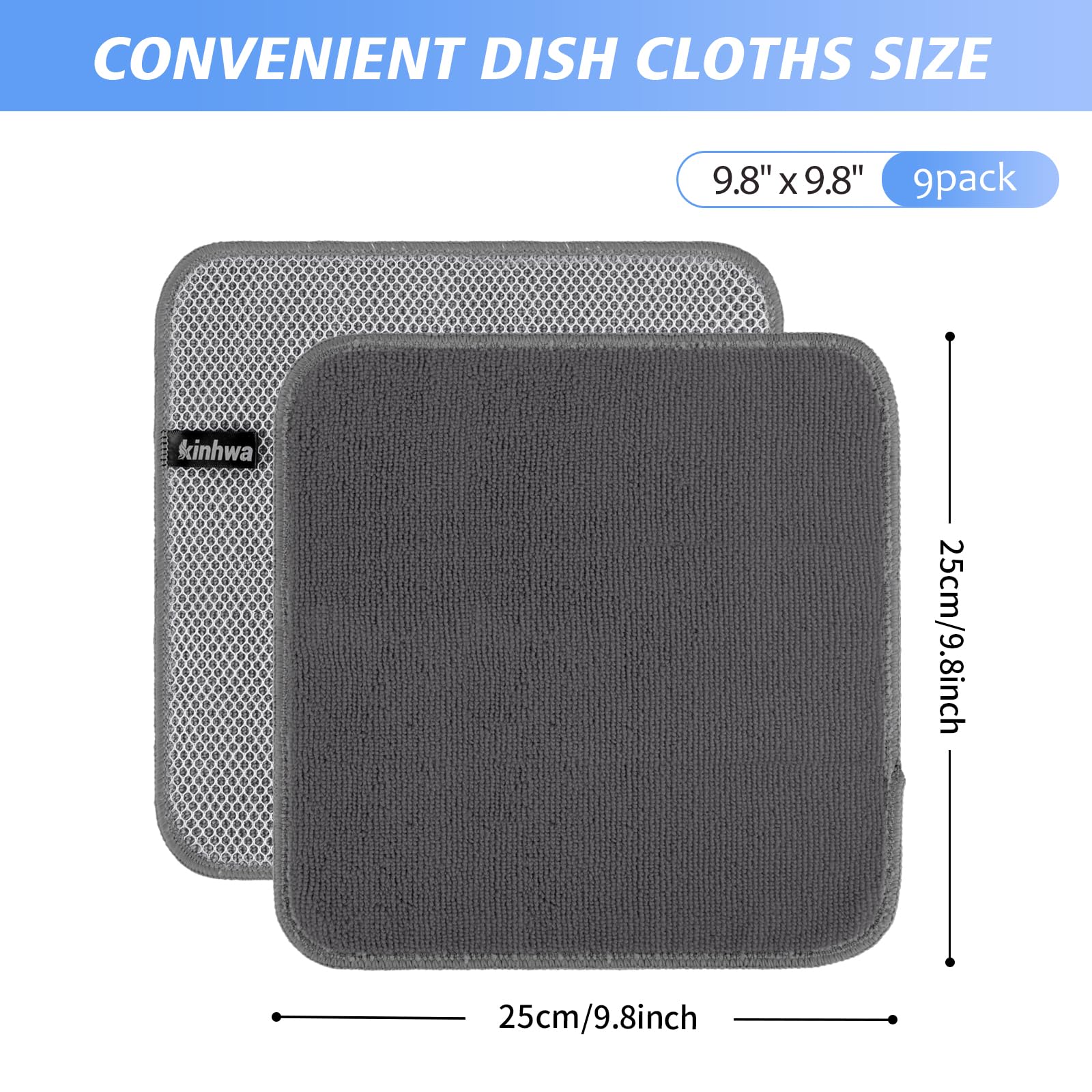 KinHwa Microfiber Dish Cloths Super Absorbent Kitchen Wash Cloth Dish Rags for Washing Dishes Fast Drying Cleaning Cloth with Scrub Side (Grey, 10inch X10inch 9Pack)