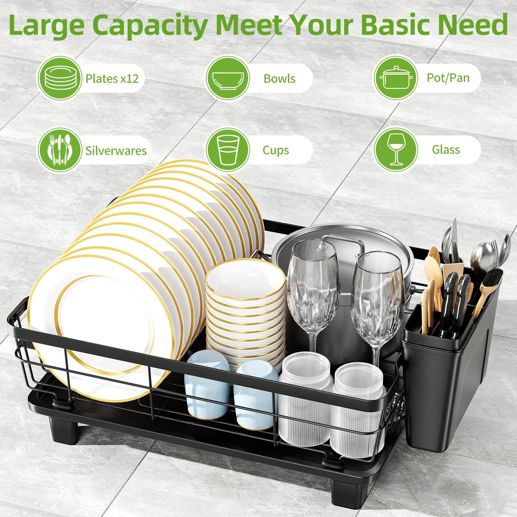 Small Dish Drying Rack, Space Saving Dish Racks for Kitchen Counter, Kitchen Organizer Dish Drainer with Cutlery Holder for Spoons and Forks, Black