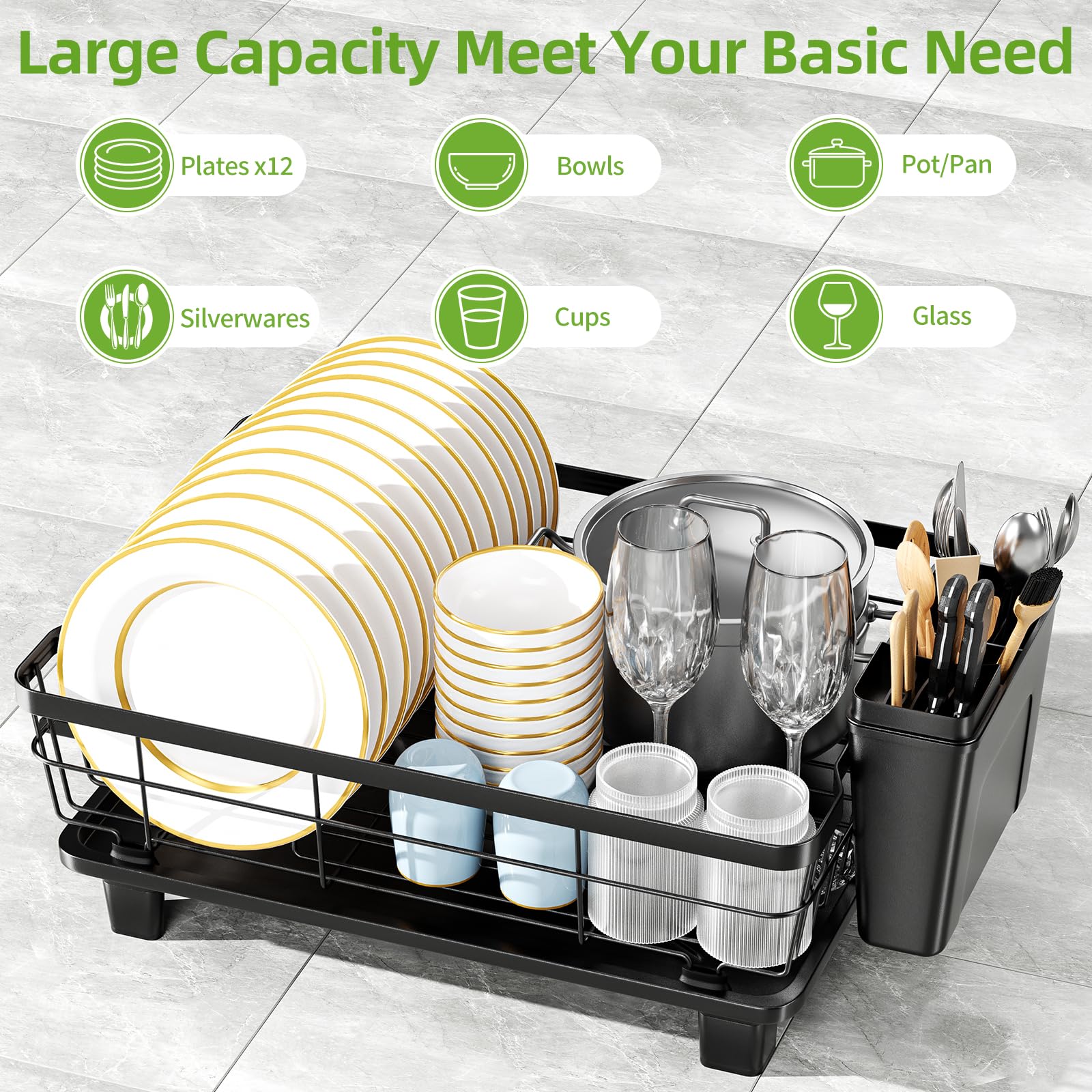 Small Dish Drying Rack, Space Saving Dish Racks for Kitchen Counter, Kitchen Organizer Dish Drainer with Cutlery Holder for Spoons and Forks, Black