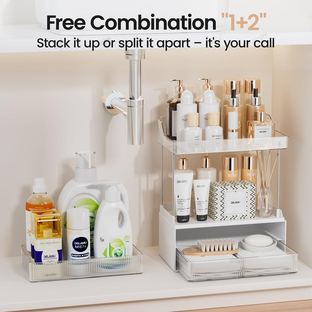 Delamu 2-Tier 2-Drawer Bathroom Organizer Countertop, Multi-Purpose Makeup Organizer Countertop, Large Skincare Organizers, Exquisite Vanity Organizer, Clear