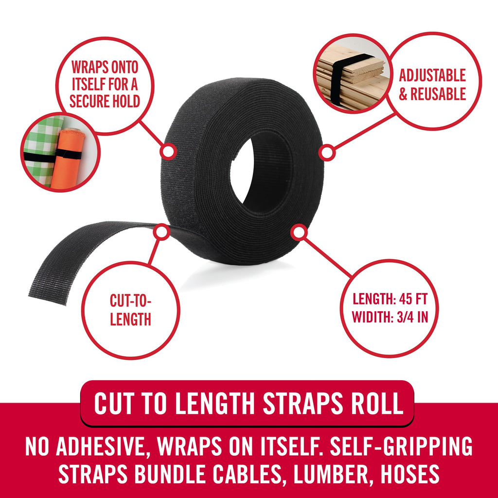 Velcro Brand Cut to Length Straps Heavy Duty | 45 Ft x 3/4 in | ONE-WRAP Self-Gripping Double Sided Roll | Bundling Ties Fasten to Themselves for Secure Hold, VEL-30834-AMS, Black