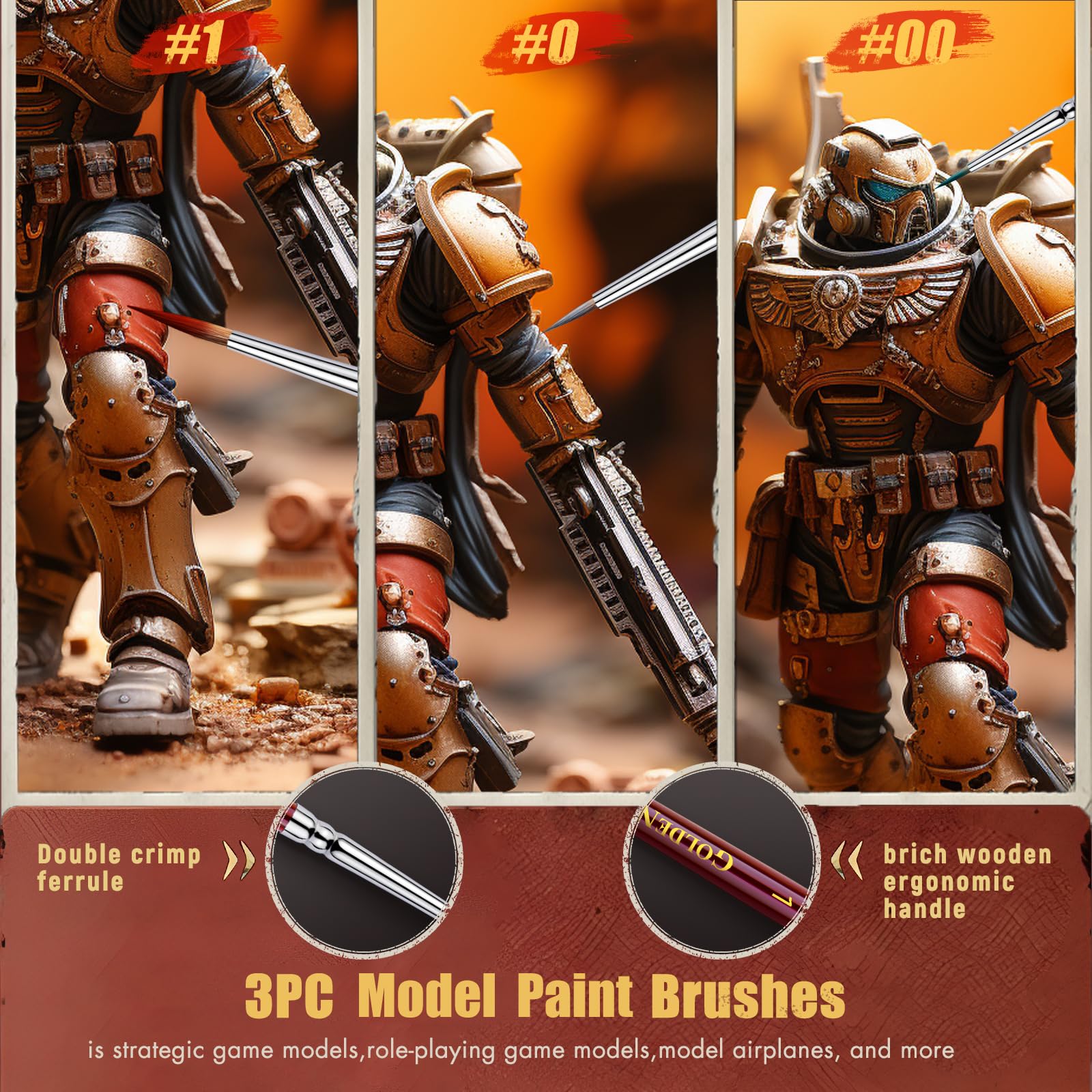 Kolinsky Sable Miniature Paint Brushes Professional Detail Ultra Fine Paint Brushes for Miniatures,Details,Fingure,Size 00,0,1