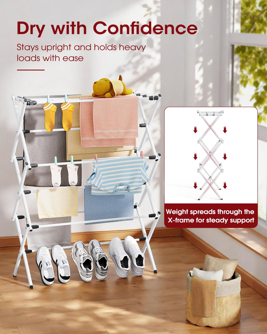 Sakugi 3 Tier Clothes Drying Rack, Foldable Clothes Drying Rack with Non-Slip Feet, Portable Laundry Drying Rack for Clothing, Indoor & Outdoor Use, 73.5 x 29 x 95 cm, White