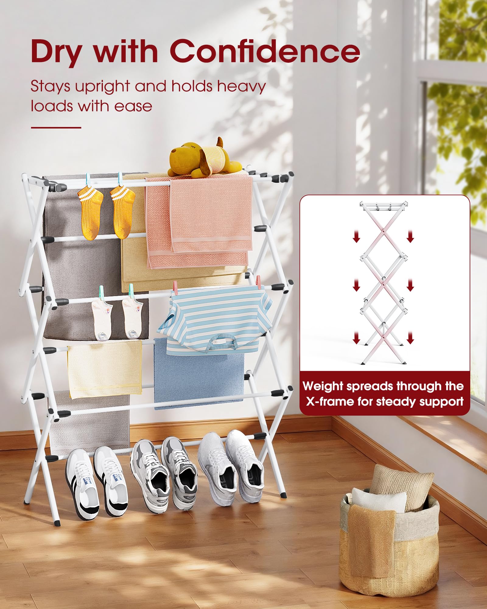 Sakugi 3 Tier Clothes Drying Rack, Foldable Clothes Drying Rack with Non-Slip Feet, Portable Laundry Drying Rack for Clothing, Indoor & Outdoor Use, 73.5 x 29 x 95 cm, White