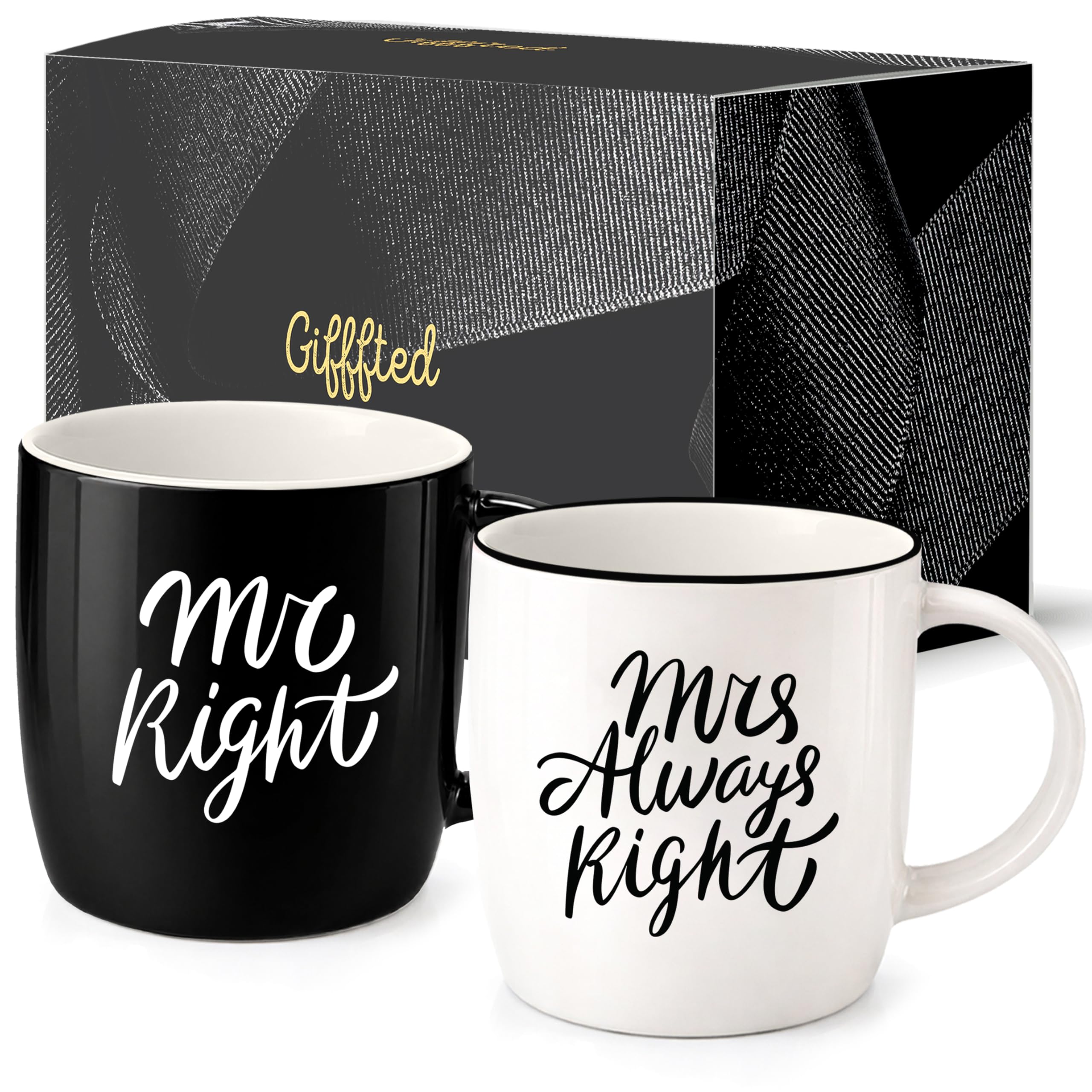 Triple Gifffted Mr Right Mrs Always Right Coffee Mugs Gifts Ideas for Couples, Wedding Anniversary, Engagement, Christmas, His & Hers, Bride and Groom, Parents, Newlyweds Bridal Shower, Ceramic 380ml