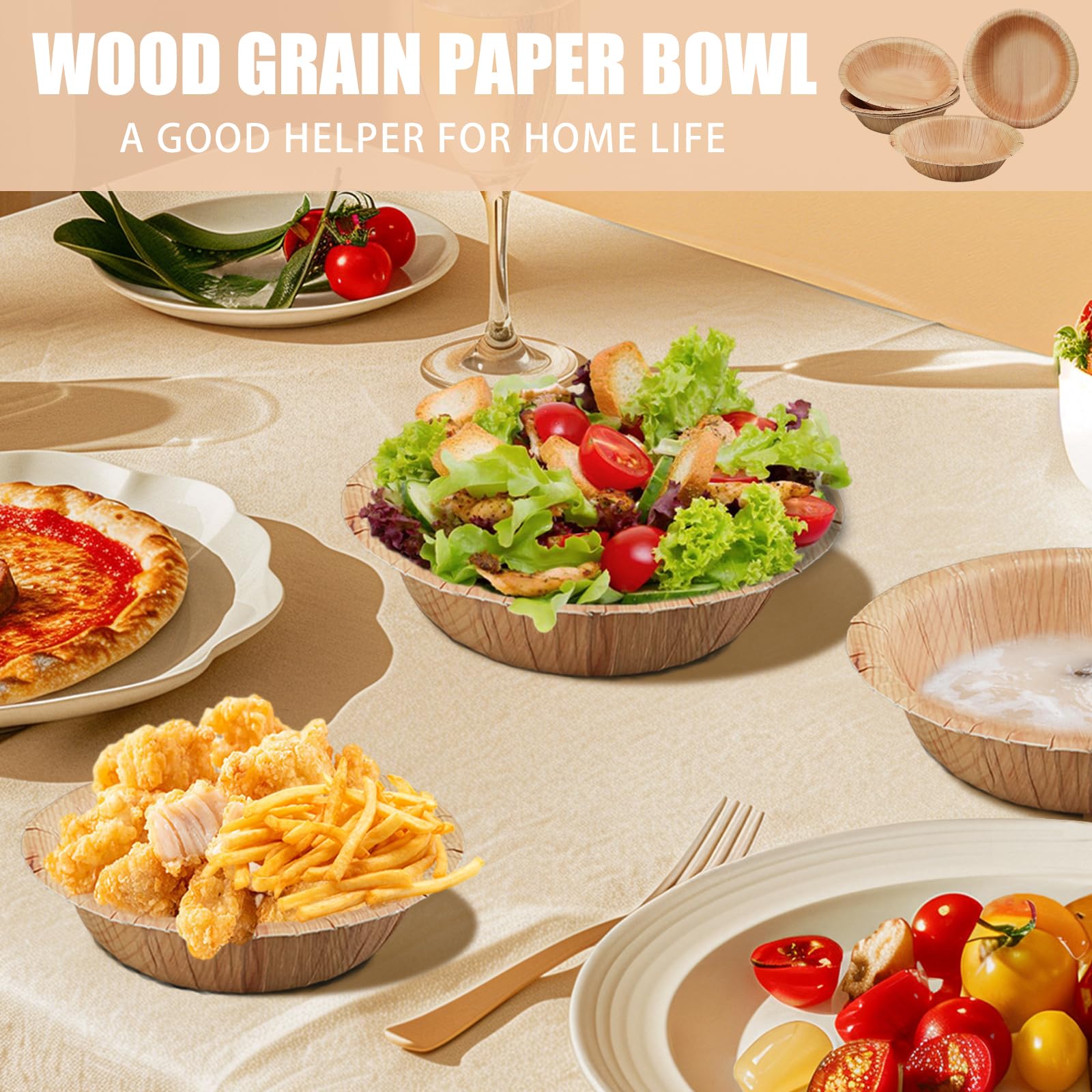 DTFMZOV 50 Pcs Wood Grain Paper Bowls, 5.9 Inch Wood Paper Bowls, Rustic Disposable Bowls for Woodland Baby Shower, Camp Fire, Camping, Birthday Party Decorations