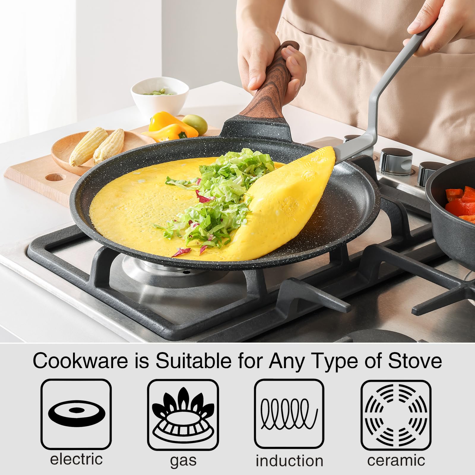 Kordisen Crepe Pan Nonstick, 10 Inch Granite Coating Comales para Tortillas Dosa Pan with Spreader, Induction Compatible, PFOA Free