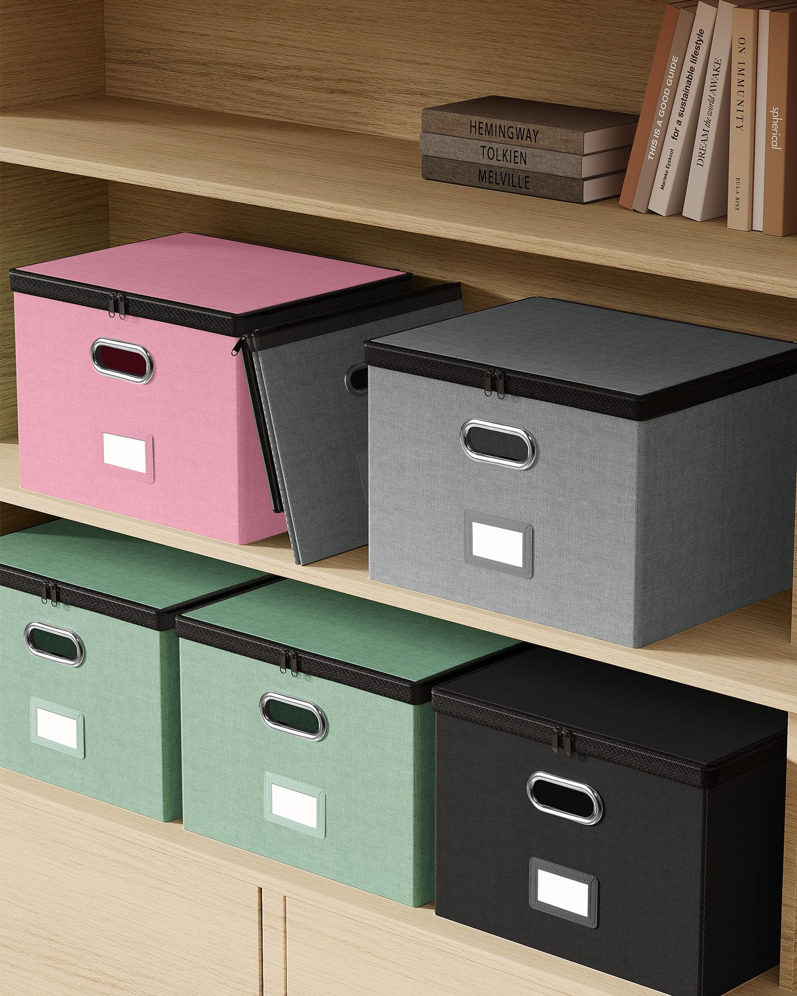 Oterri Zipper File Box with Lid, Legal/Letter Size Document Organizer with Mesh Pockets, Filing Box with Handle, Zippers Document Storage Box for Office/Home/School (1 Pcs, Large-Black)
