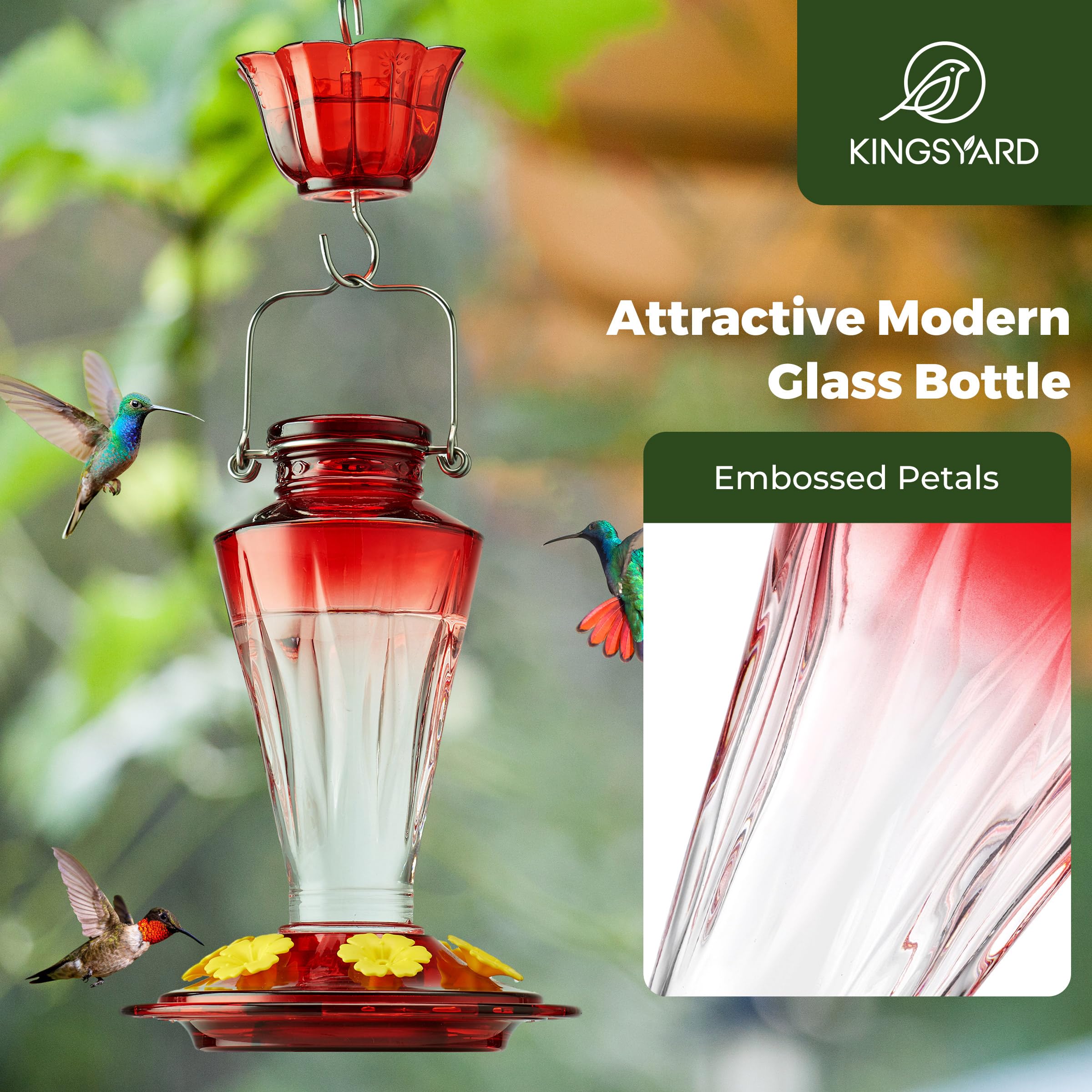 Kingsyard Glass Hummingbird Feeders for Outdoors Hanging Ant & Bee Proof, 16 Ounces Bird Nectar Feeder 6 Flower Feeding Ports, Leak Proof, Easy to Refill & Clean, Ant Moat Included, Red
