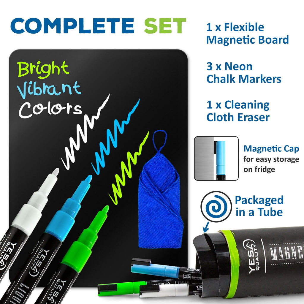 Magnetic Black Dry Erase Board for Fridge - 48 x 33 cm - Stain Resistant with 3 Magnetic, Fine Tip Neon Chalk Markers & Eraser - by Yes4Quality