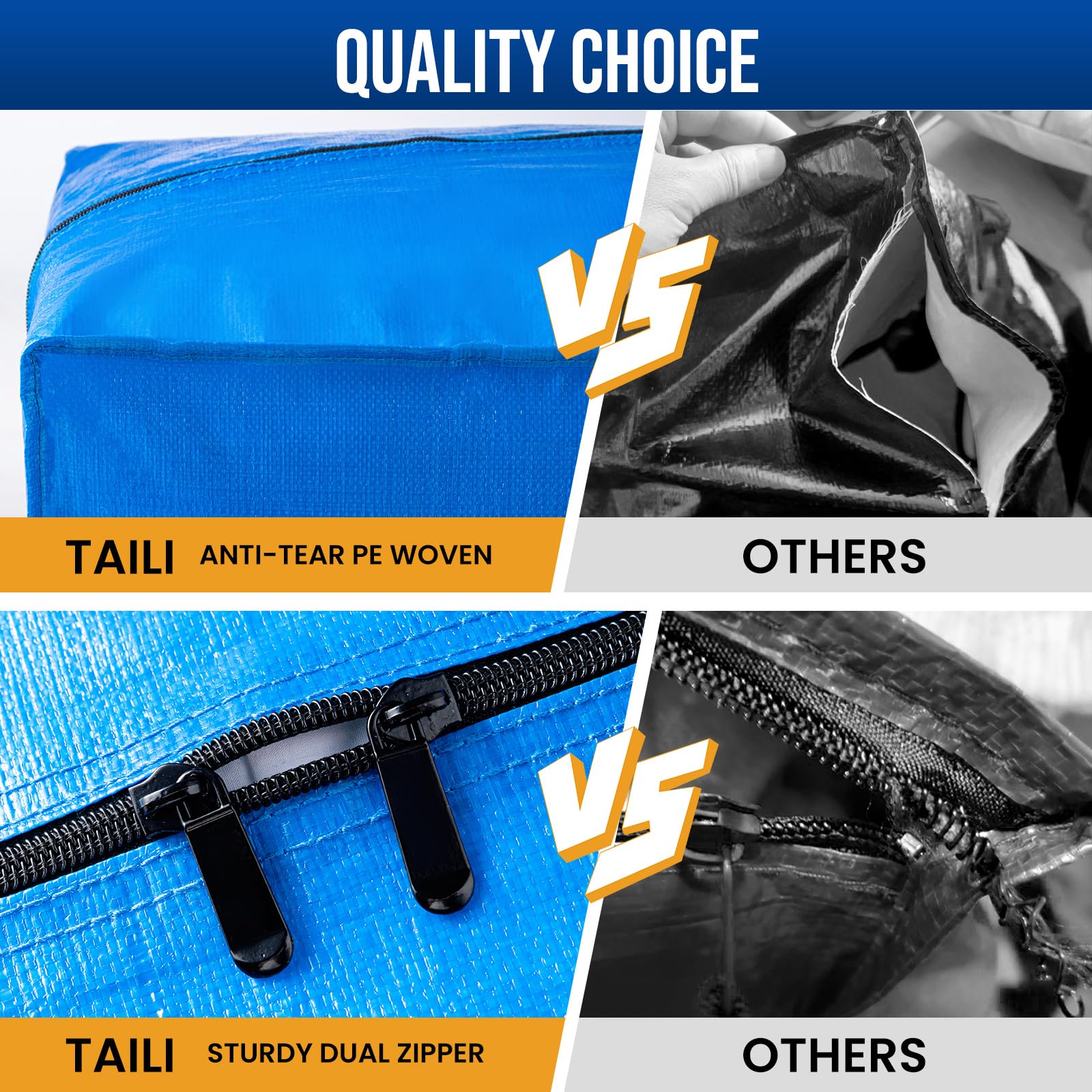TAILI Heavy Duty Moving Bags, Cloth Storage Extra Large Tote Bag Container with Sturdy Zipper and Strong Handles, Blue, 4 Pack