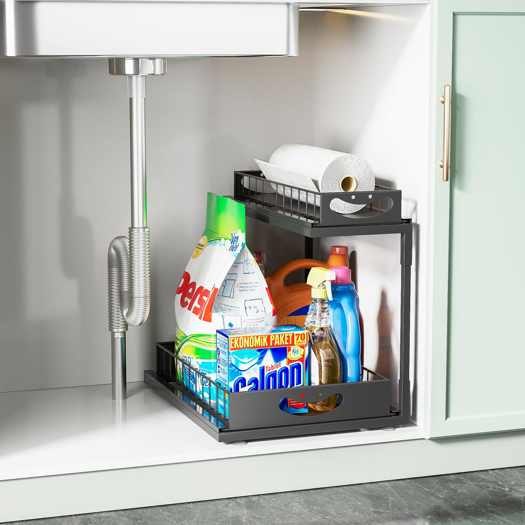 JAQ Under Sink Organizer, 2 Tier Metal Slide Out Under Cabinet Storage Shelves Rack for Kitchen Bathroom Pantry Lanudry, Attractive Emoji Smile Handle (Black, 1 Pack)