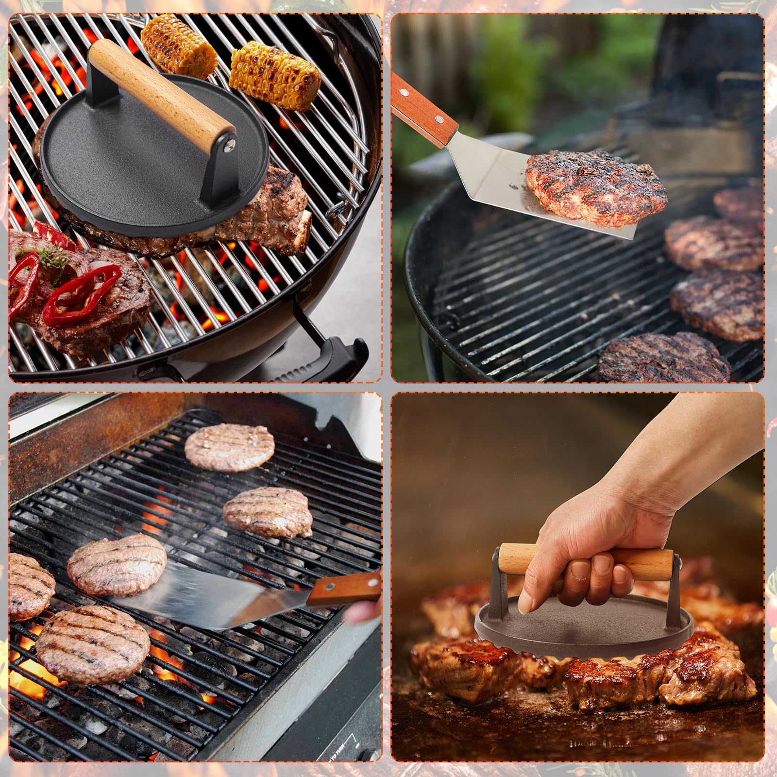 Cast Iron Smash Burger Press Kit, 7" Round Meat Press & 10" Large Spatula, Heavy Duty Hamburger Patty Maker for Griddle, Bacon, Sandwich, Steak, Compatible with Blackstone, Wooden Handle