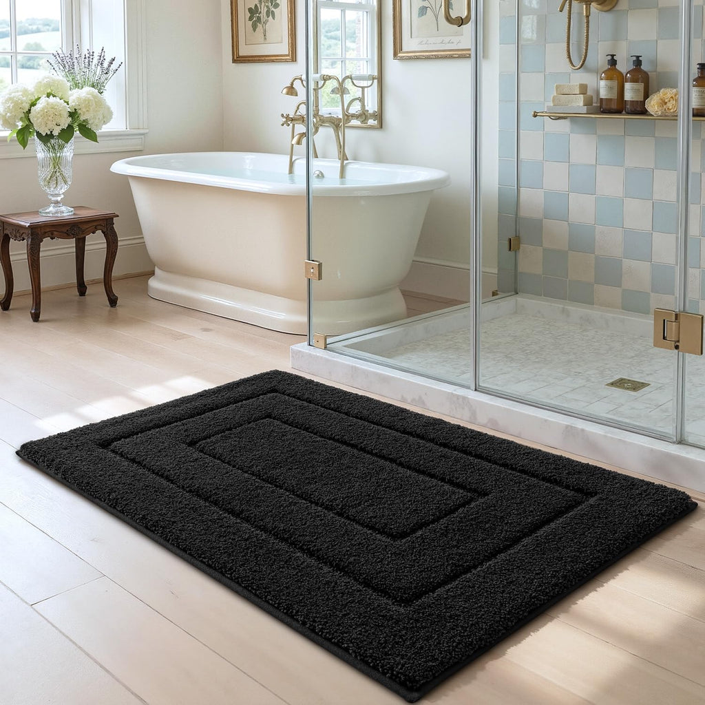 DEXI Bath Mat Non Slip, 16x24 Absorbent Microfiber Soft Bathroom Rug, Machine Washable Carpet for Shower Floor Bathmat Decor, Black