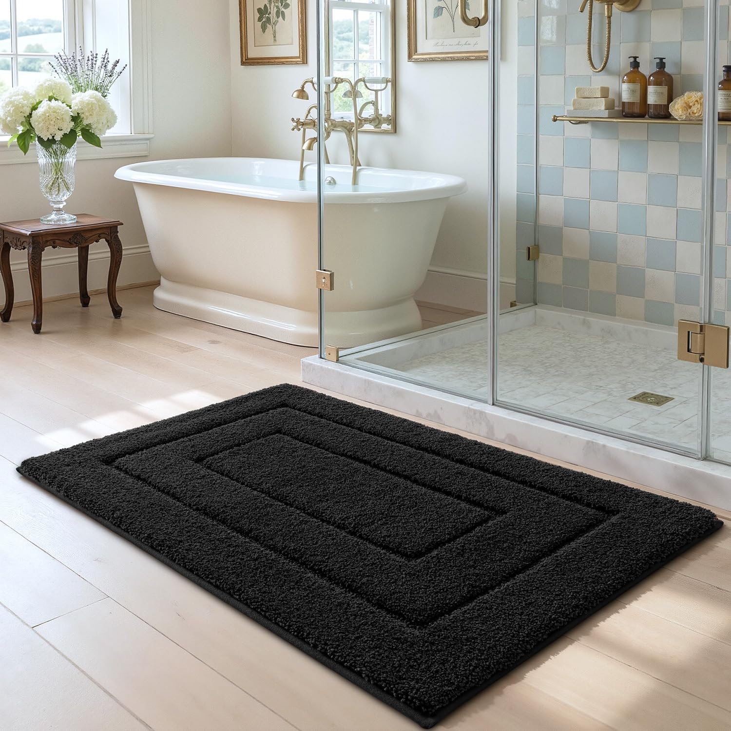 DEXI Bath Mat Non Slip, 16x24 Absorbent Microfiber Soft Bathroom Rug, Machine Washable Carpet for Shower Floor Bathmat Decor, Black