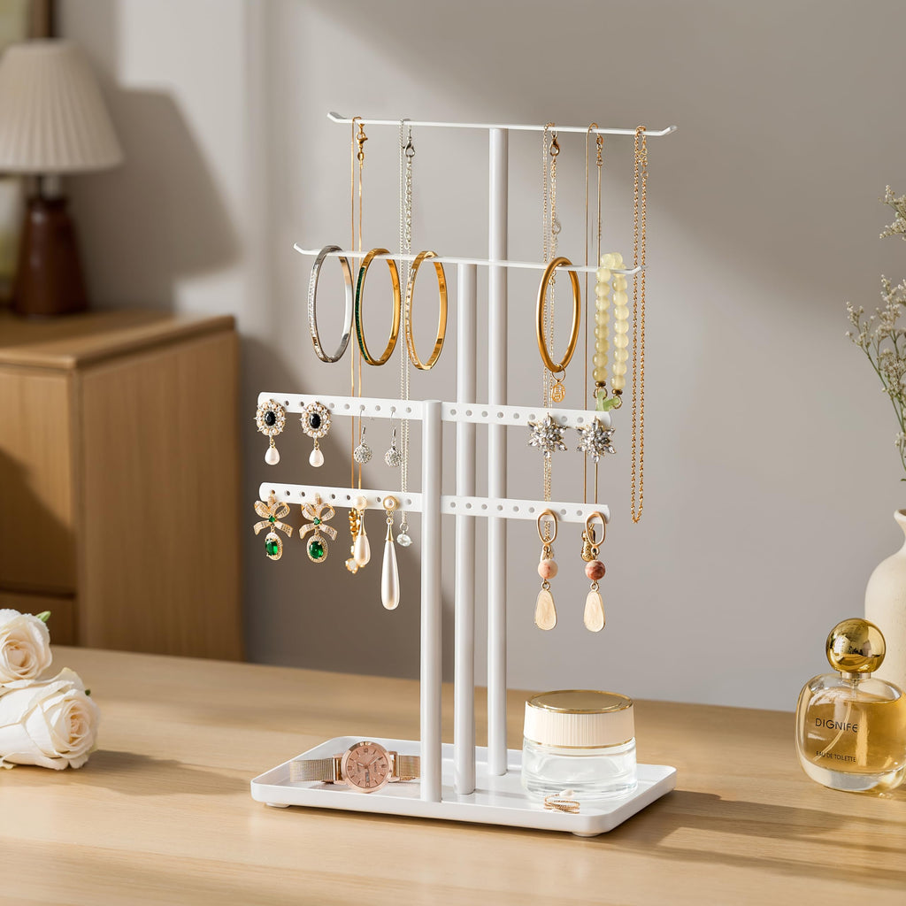Jewelry Stand Organizer, 37CM Tall Sturdy Metal, 3-Tier Jewelry Holder for Necklace, Earring, Bracelet, Ring, White