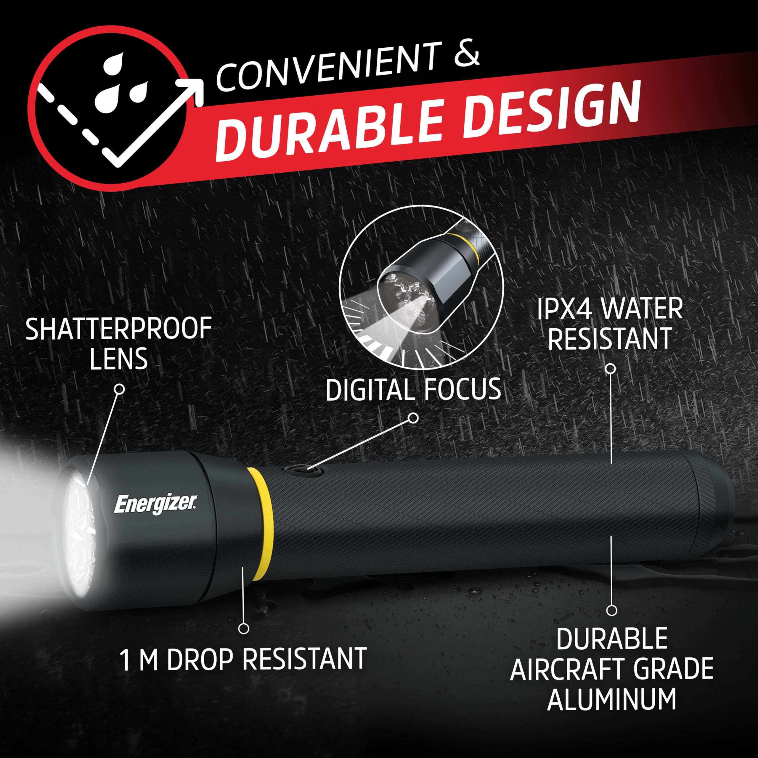 ENERGIZER LED Flashlight Vision PRO, Ultra Bright 1000+ Lumens, IPX4 Water Resistant, Aircraft-Grade Aluminum LED Light, Rugged Metal Flash Light for Outdoors, Emergency Power Outage, Black