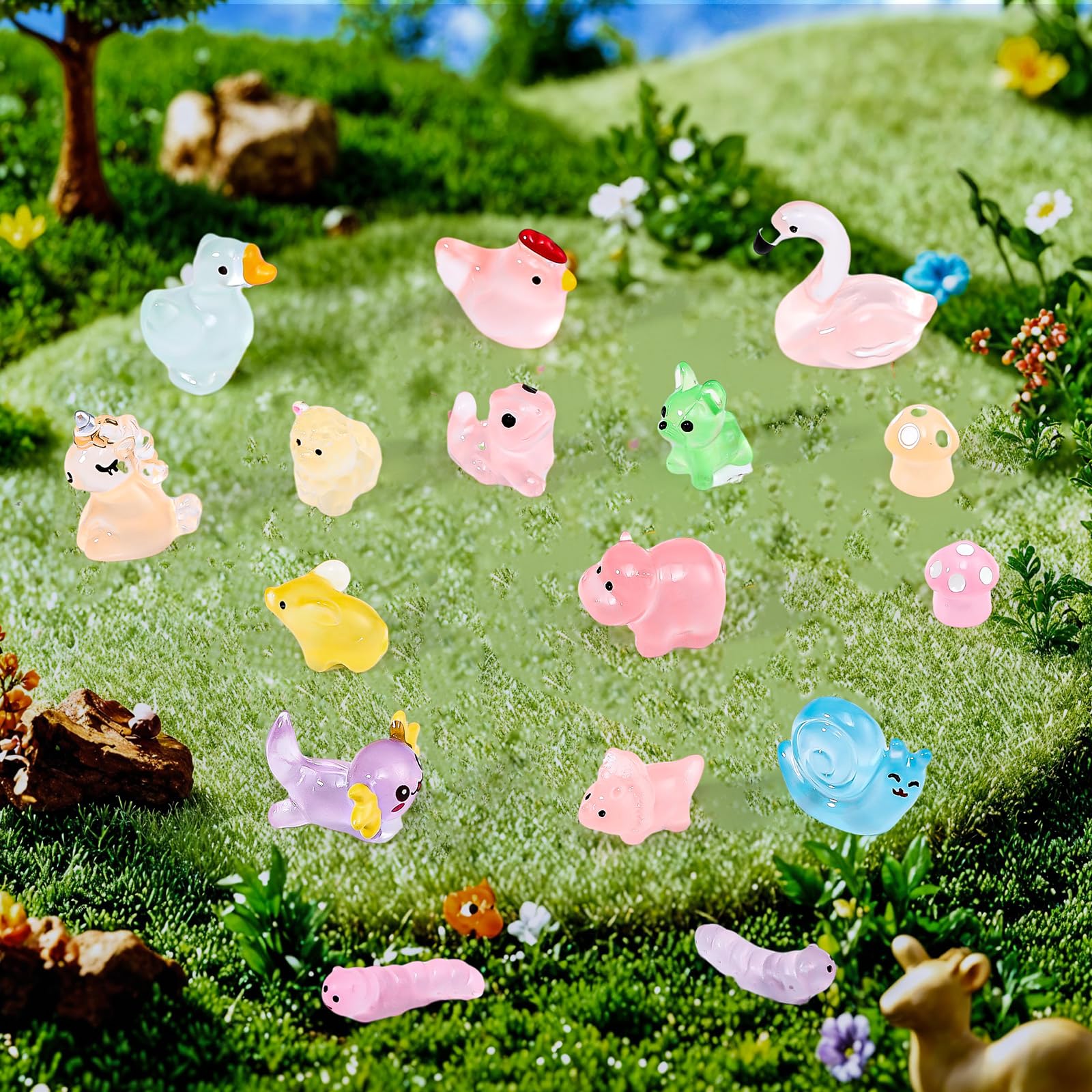 160PCS Luminous Mini Resin Animals Tiny Resin Animals Fairy Garden Accessories Glow in The Dark Mini Figurines for Micro Landscape Aquarium Dollhouse Home Decor