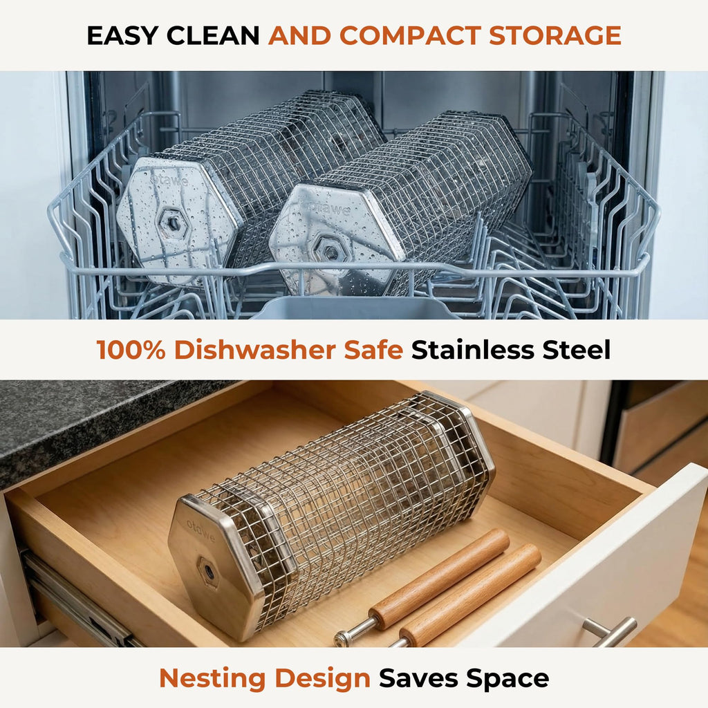 2 Pack Rolling Grill Basket – Stainless Steel Grilling Basket with Lid and Removable Wooden Handle – BBQ Accessories for Vegetables, Shrimp, Meat – Outdoor Cooking Gift for Dad or Husband