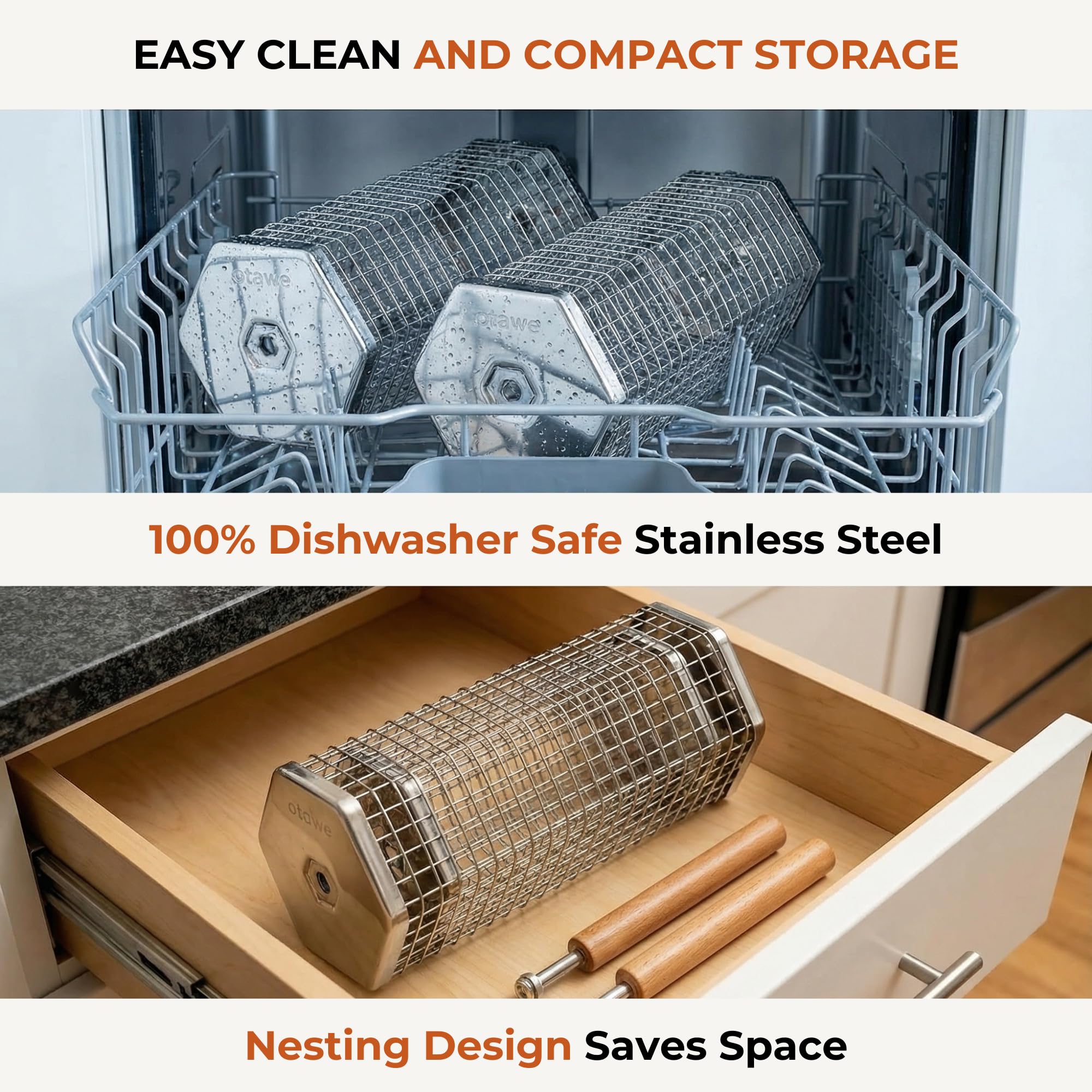 2 Pack Rolling Grill Basket – Stainless Steel Grilling Basket with Lid and Removable Wooden Handle – BBQ Accessories for Vegetables, Shrimp, Meat – Outdoor Cooking Gift for Dad or Husband