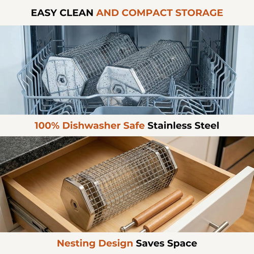 2 Pack Rolling Grill Basket – Stainless Steel Grilling Basket with Lid and Removable Wooden Handle – BBQ Accessories for Vegetables, Shrimp, Meat – Outdoor Cooking Gift for Dad or Husband