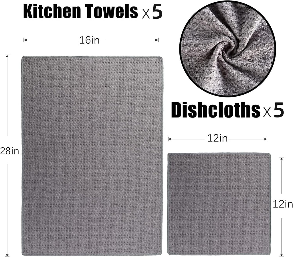 Vnoss Waffle Weave Microfiber Kitchen Towels and Dishcloths Set, 26 X 18 Inch and 12 X 12 Inch, Set of 10 Gray Lint Free Dish Towels for Drying Dishes