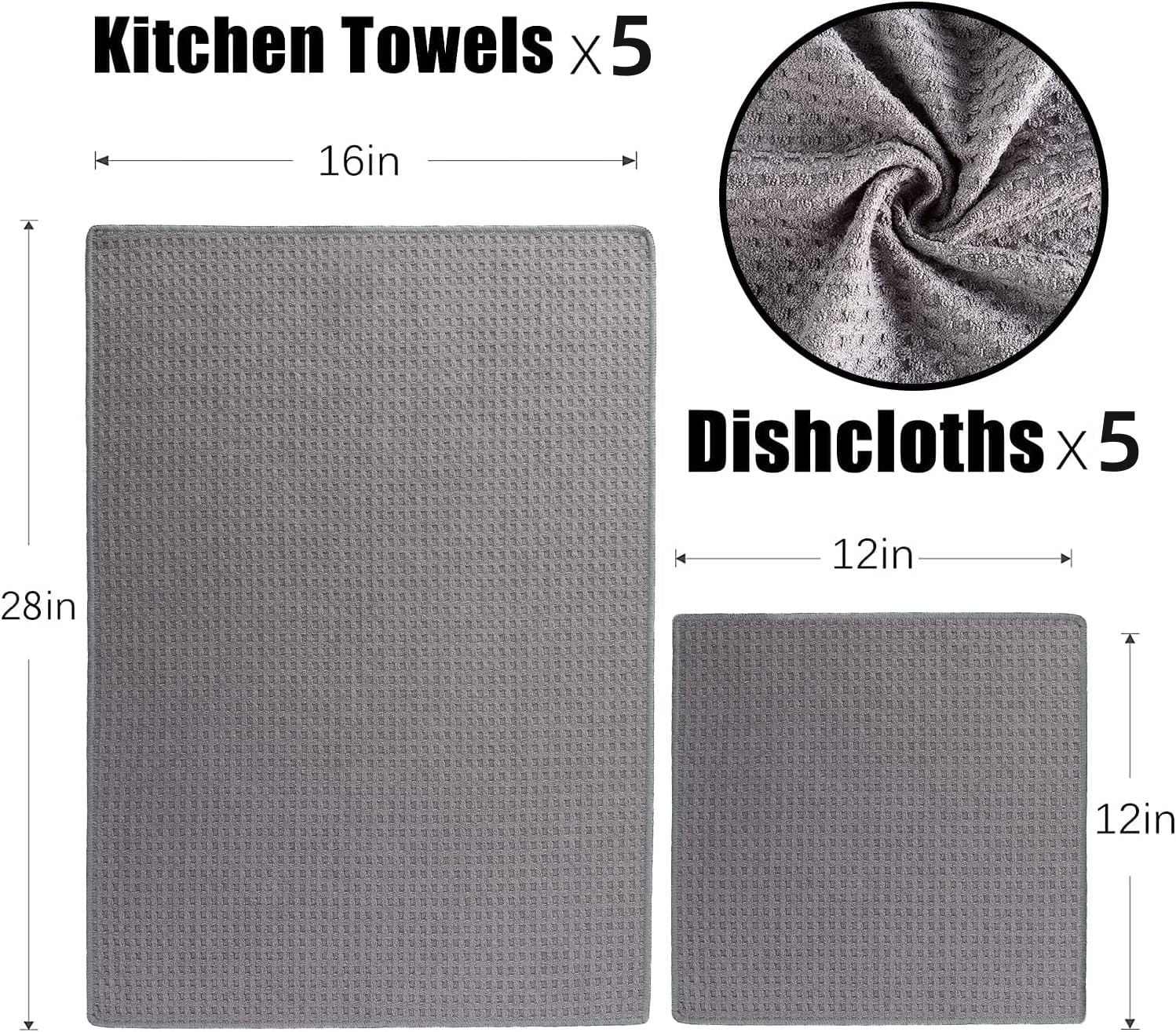 Vnoss Waffle Weave Microfiber Kitchen Towels and Dishcloths Set, 26 X 18 Inch and 12 X 12 Inch, Set of 10 Gray Lint Free Dish Towels for Drying Dishes