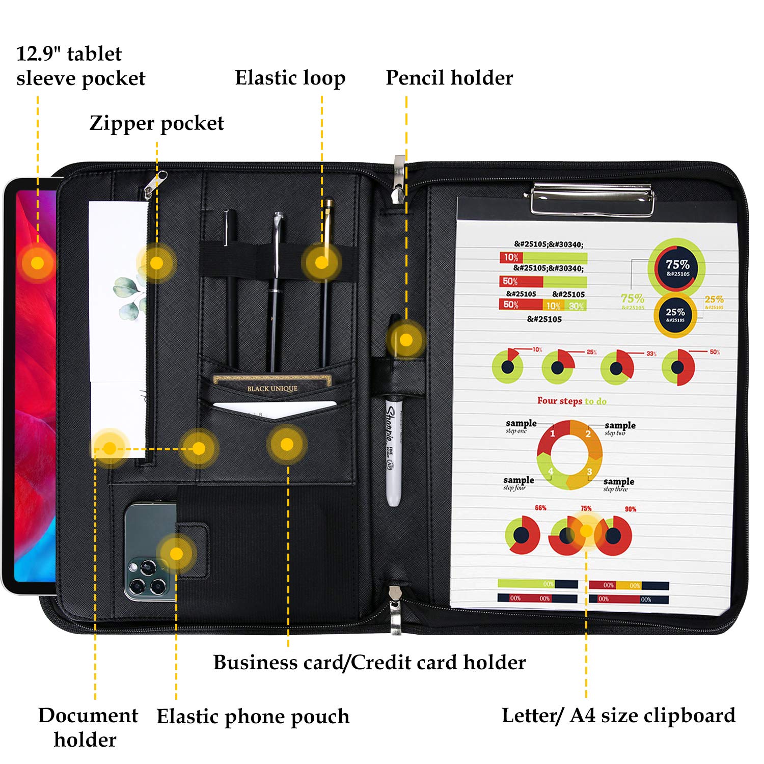 ProCase Portfolio Business Padfolio Folder with Zipper, Conference Meeting Executive File Legal Document Organizer with Pockets Letter Size A4 Writing Pad Notepad Padfolio -Black