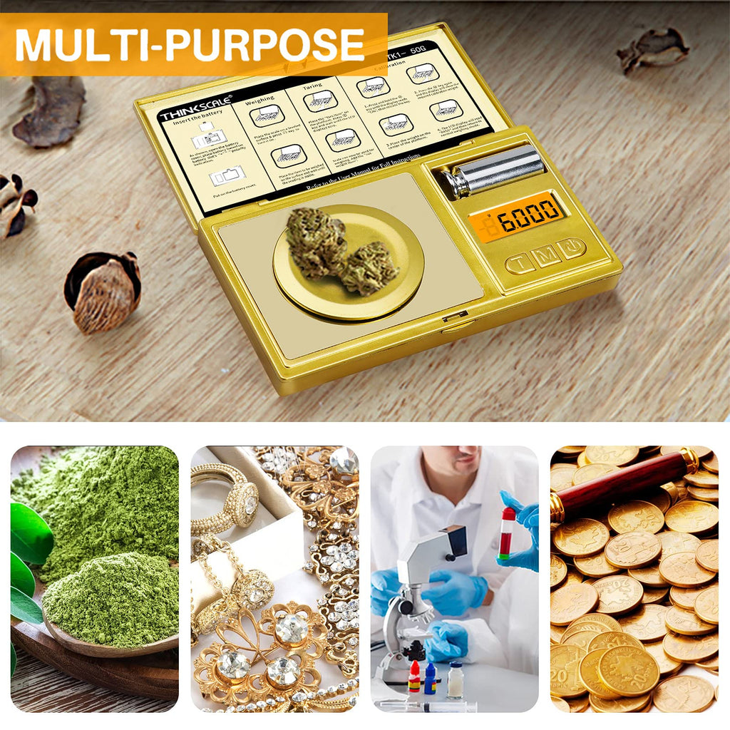 THINKSCALE High Precision Milligram Scale, 50g/0.001g Digital Pocket Scale, Mg Scale for Powder, Jewelry, Medicine, Gem, Reloading, Mini Gold Gram Scale 6 Units, Tare, Cal Weight, Tweezer and Tray