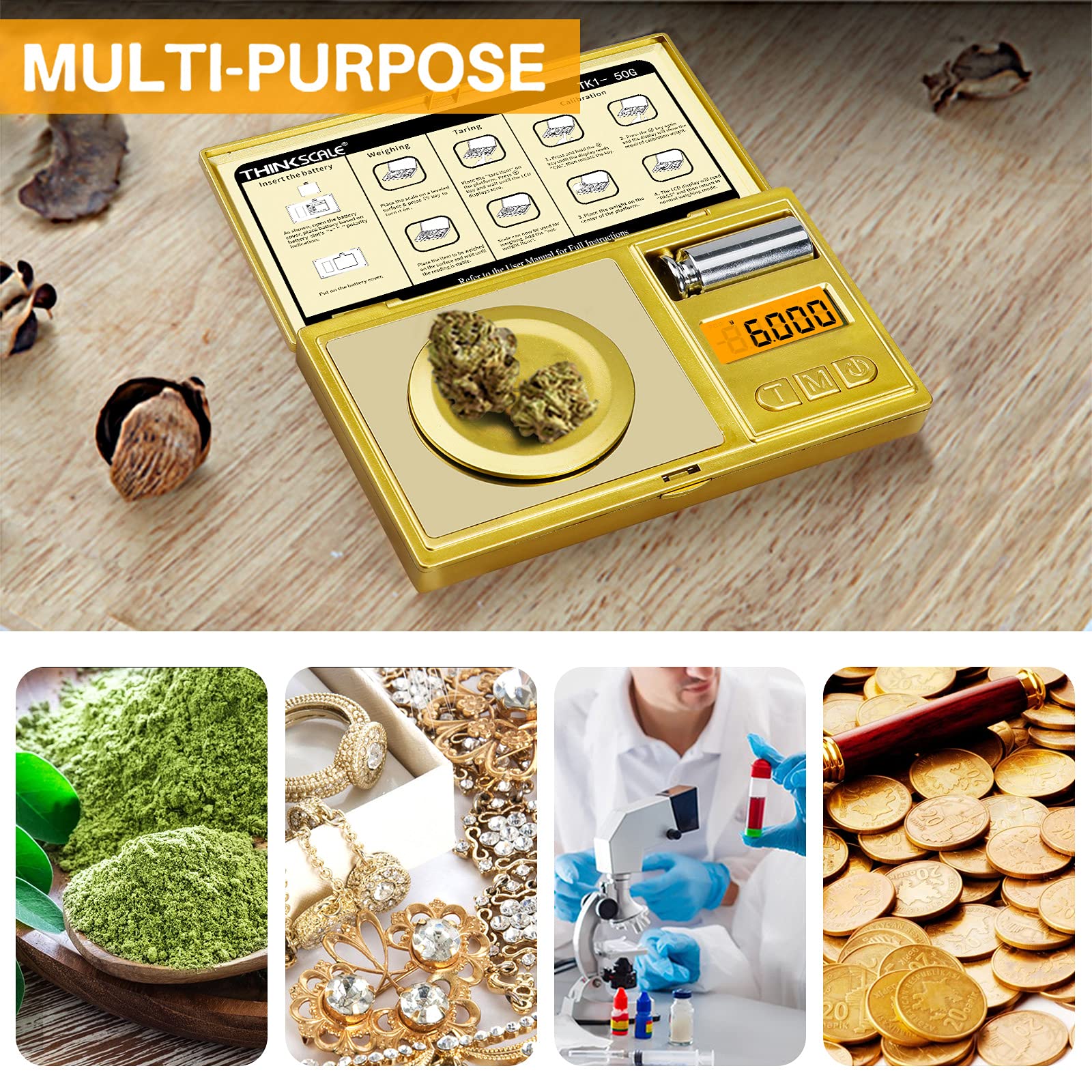 THINKSCALE High Precision Milligram Scale, 50g/0.001g Digital Pocket Scale, Mg Scale for Powder, Jewelry, Medicine, Gem, Reloading, Mini Gold Gram Scale 6 Units, Tare, Cal Weight, Tweezer and Tray