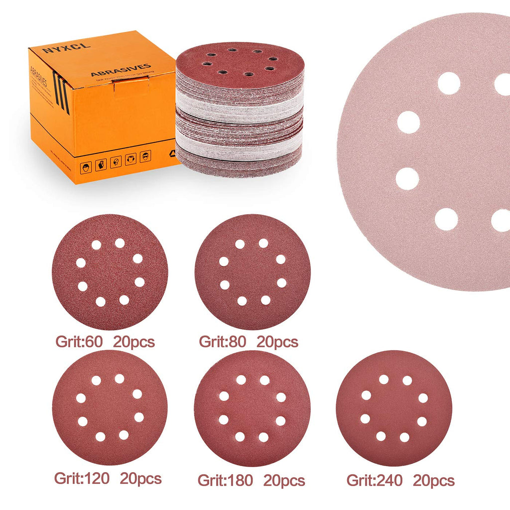 100PCS 5 Inch(127mm) 8 Holes Sanding Discs-60 80 120 180 240 Grit Assorted Sandpaper, Hook and Loop Random Orbital Sander Round Sand Paper by NYXCL