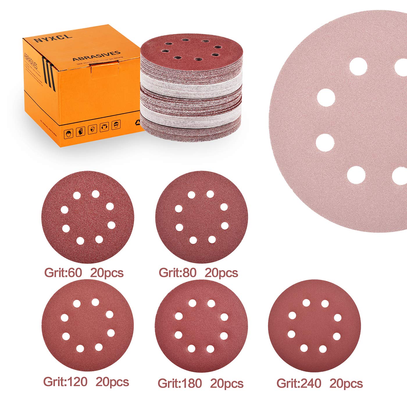 100PCS 5 Inch(127mm) 8 Holes Sanding Discs-60 80 120 180 240 Grit Assorted Sandpaper, Hook and Loop Random Orbital Sander Round Sand Paper by NYXCL