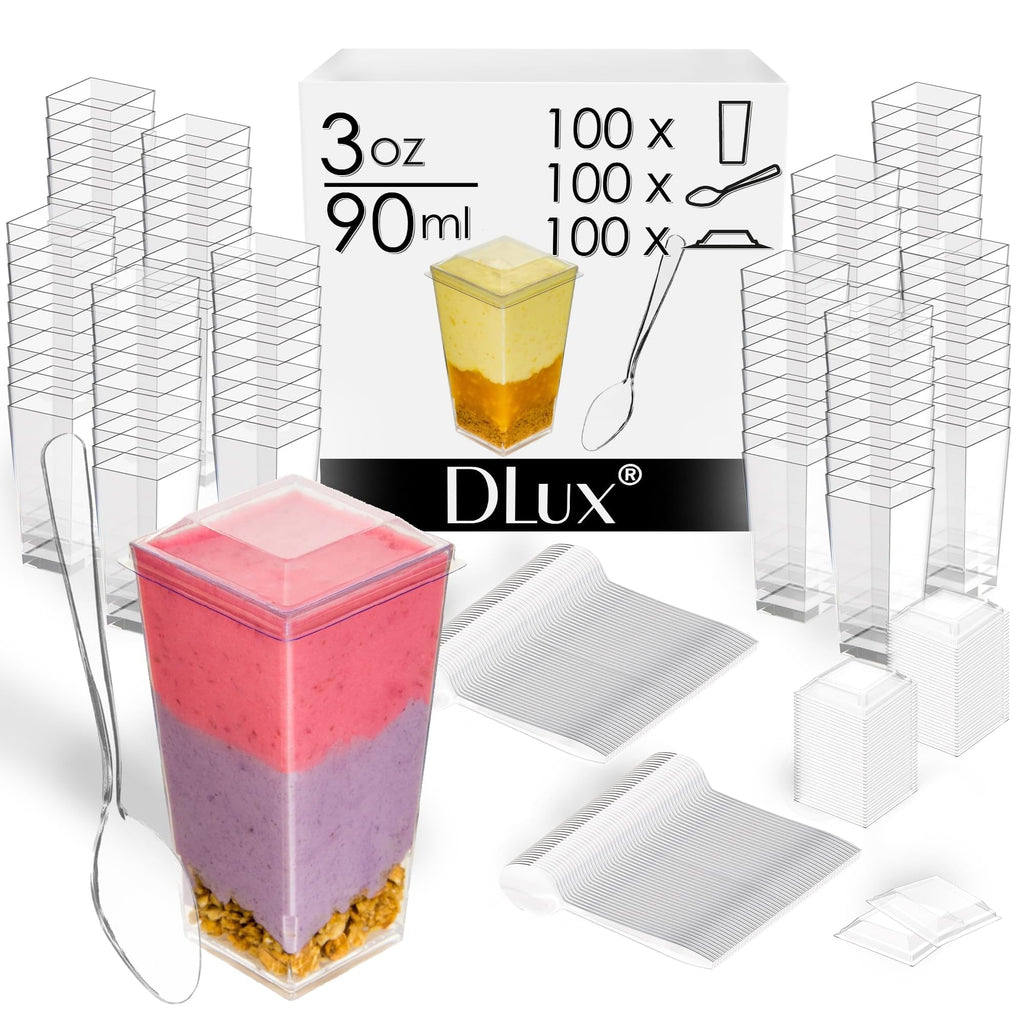 DLux 100 x 3 oz Mini Dessert Cups with Spoons and Lids,Square Tall- Clear Parfait Appetizer Cup Small Reusable Serving Bowl for Party -with Recipe Ebook