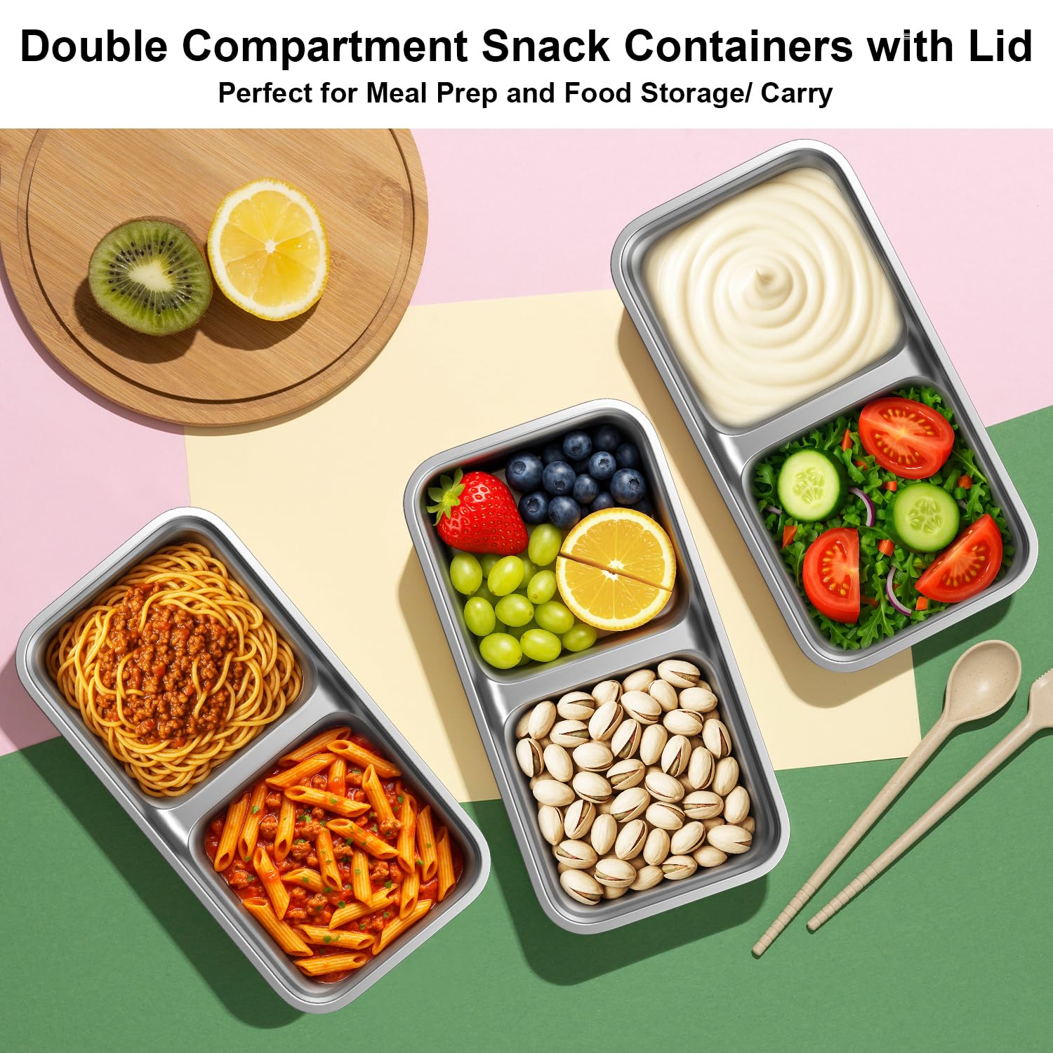 Hotbird Reusable Stainless Steel Snack Containers with Lids for Kids Todder Adults Double Compartment Grab and Go Food Storage Snackle Box Container,16 oz, 4 Pack, BPA Free