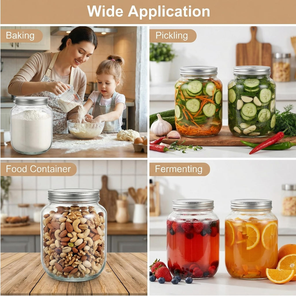 Coloch 4 Pack 64 Oz Half Gallon Glass Jar with Airtight Metal Lid, Clear Food Storage Jar Wide Mouth Glass Pantry Container for Candy, Cookie, Flour, Kombucha Tea, Fermenting