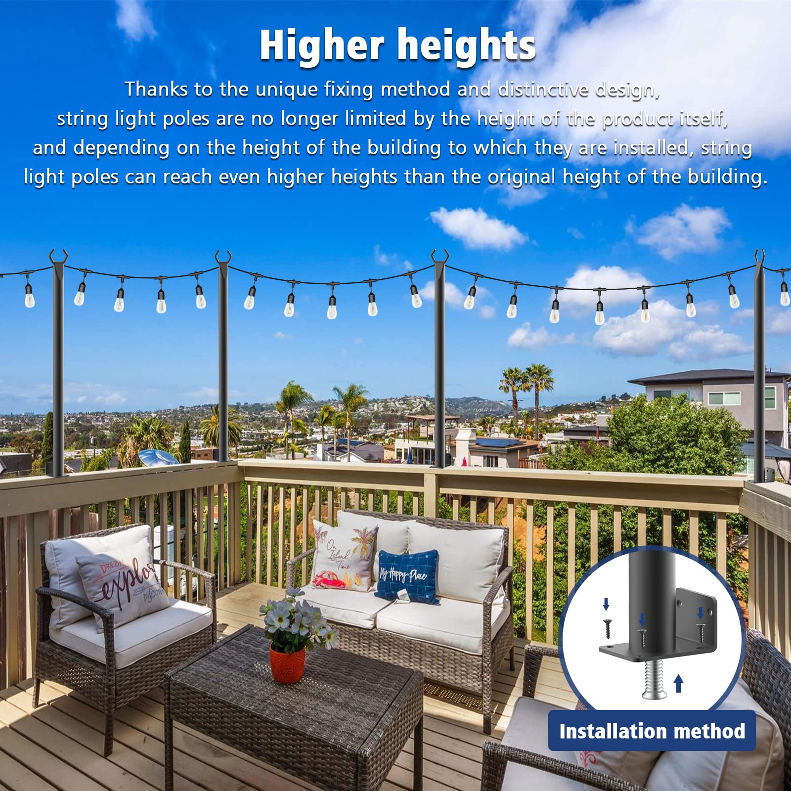 Beizelte 5FT String Light Poles 2Pack,Hanging Light Poles for Outside String Lights,with Fixing Clips and Suspended Base,Freestanding Outdoor Light Poles for Deck Bistro (2 Pack)