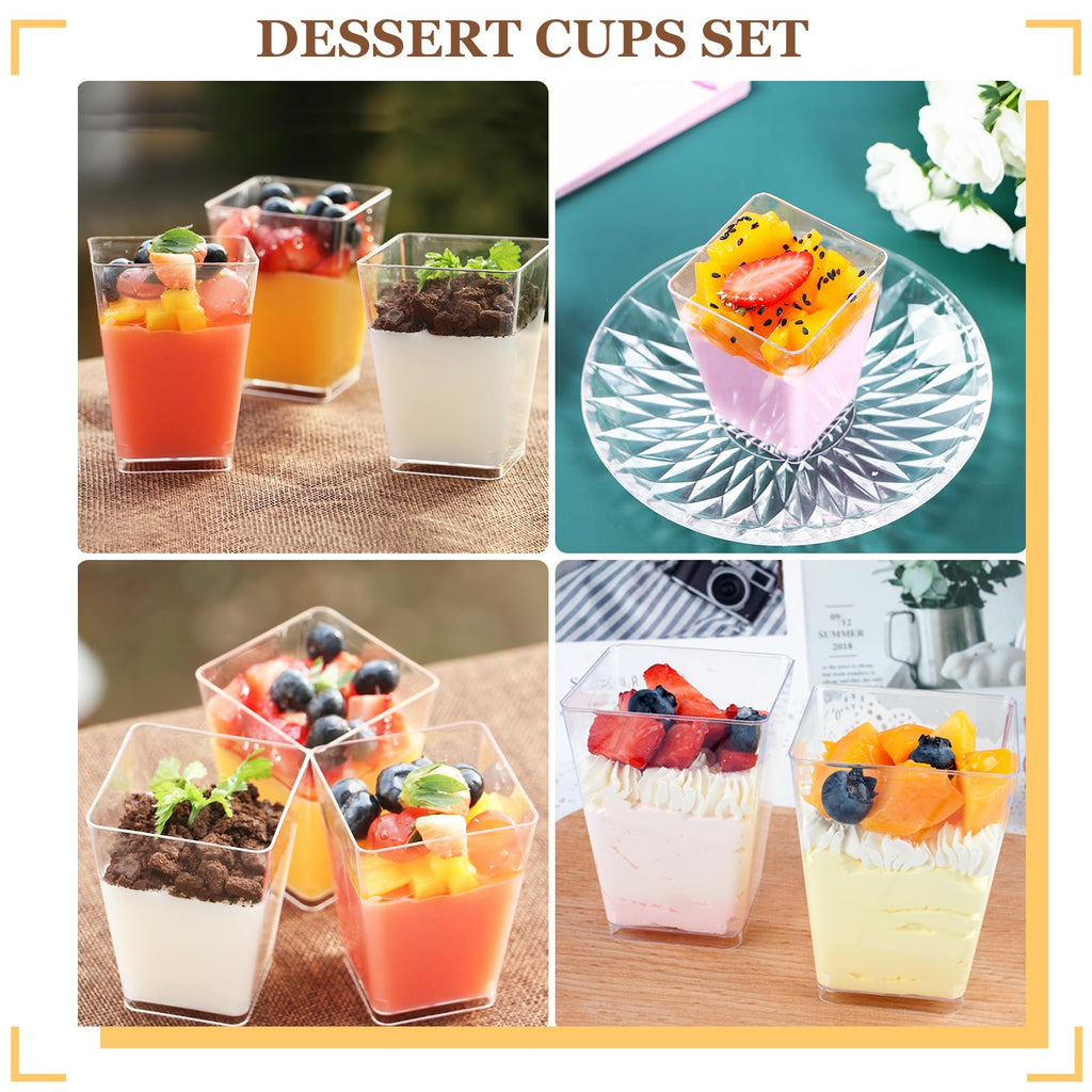 mwellewm 300 Pack Mini Plastic Dessert Cups with Spoons, 5 OZ Square Parfait Glasses for Party, Reusable Fruit Ice Cream Pudding Appetizer Bowls