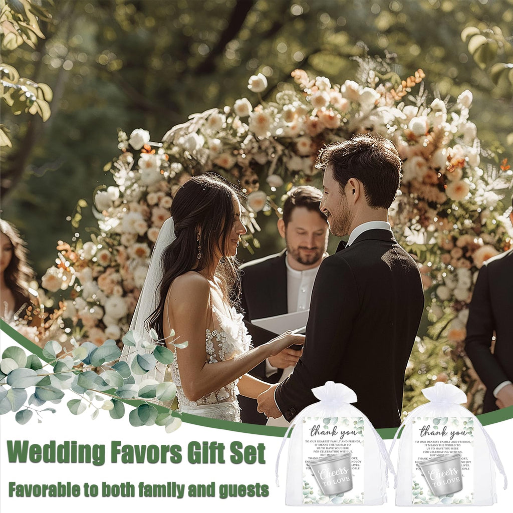 50 Set Wedding Favors for Guests Bulk - 1.5oz Cheers to Love Stainless Steel Shot Glasses with Thank You Cards and Organza Bags Souvenir Gifts for Guests Engagement, Wedding, Bridal Party