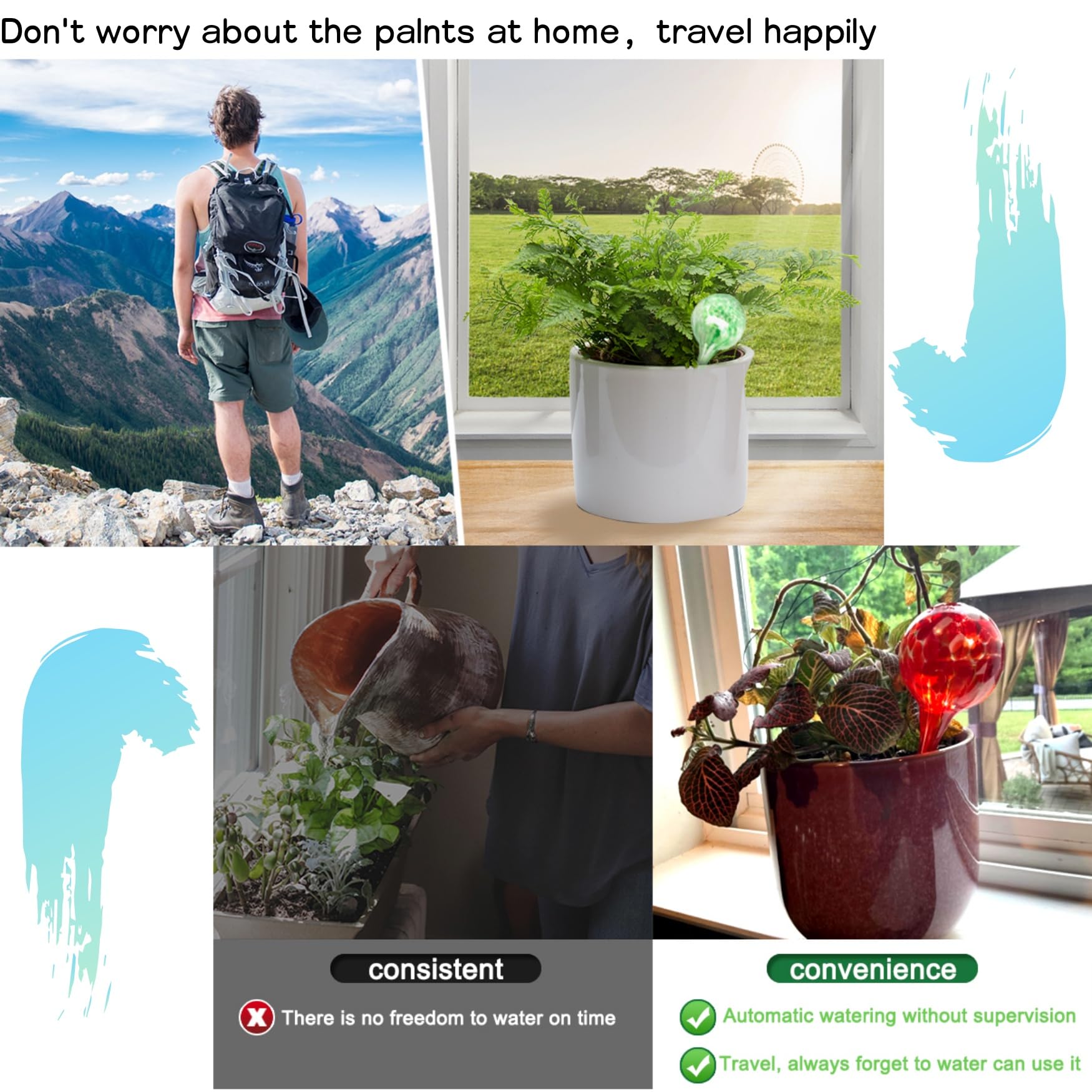Plant Self Watering Globes Colorfules - Set of 4 Pcs, Plant Watering Devices, Watering Bulbs for Indoor & Outdoor Plants