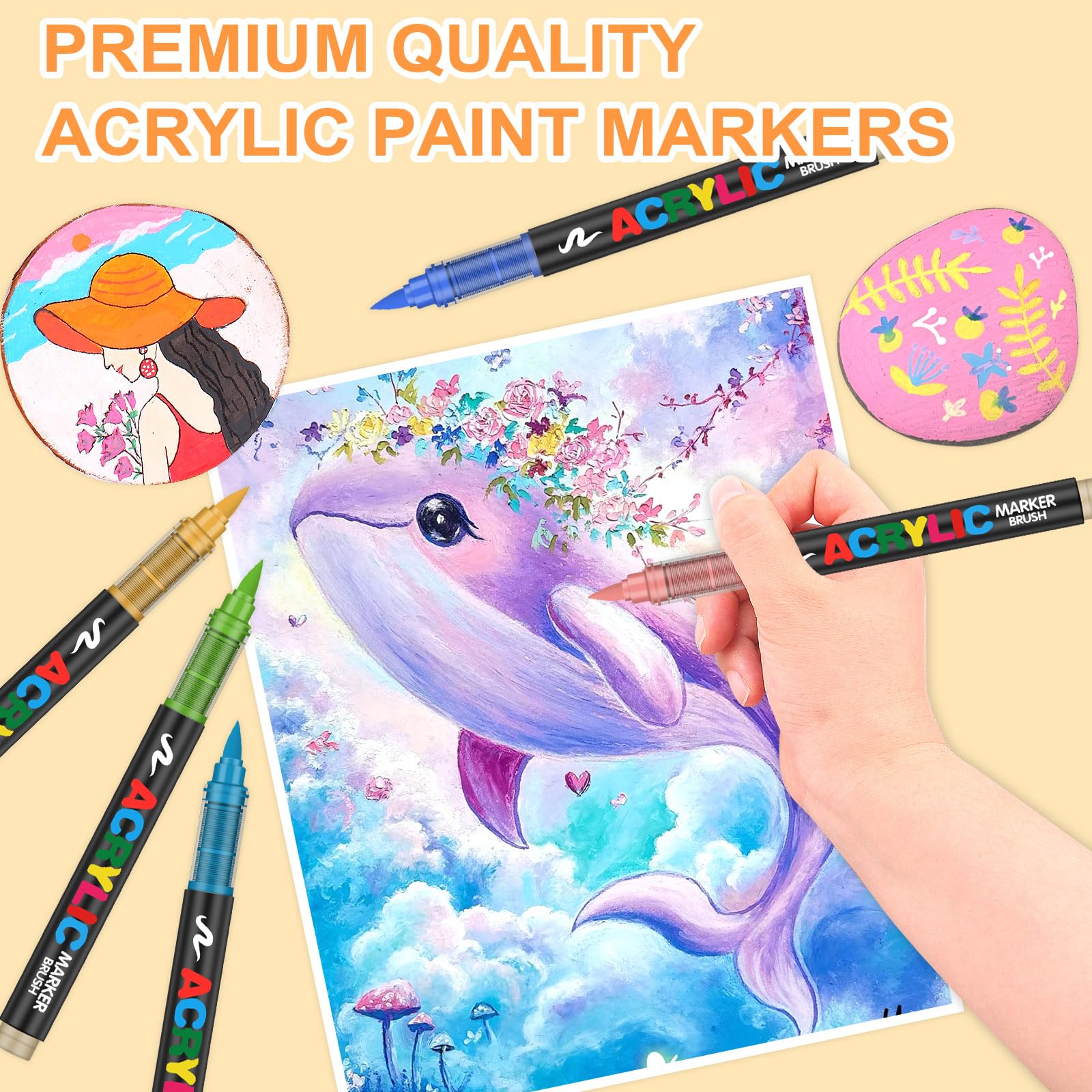 72 Colors Soft Brush Tip Acrylic Paint Markers Set, Pens for Rock, Wood, Fabric, Canvas, Glass, DIY Crafts, Waterproof Markers, Vibrant Acrylic Paint Pens for Artists and Art Projects