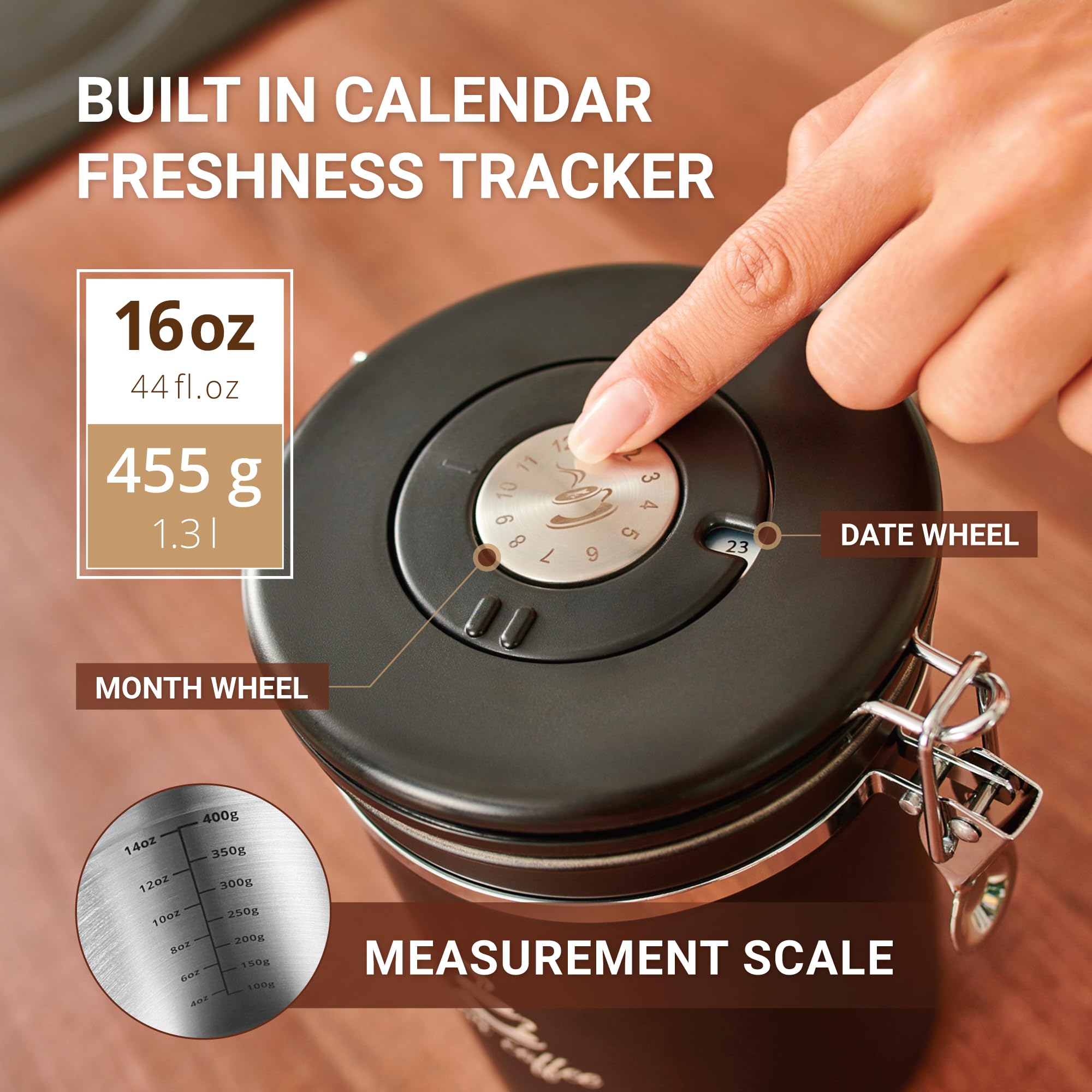 Coffee Canister Airtight Coffee Container - Stainless Steel Coffee Storage for Beans, Grounds, Tea, Sugar - Coffee Containers with Date Tracker, Scoop, CO2 Valve Filters, Medium Coffee Jar 16oz, Black