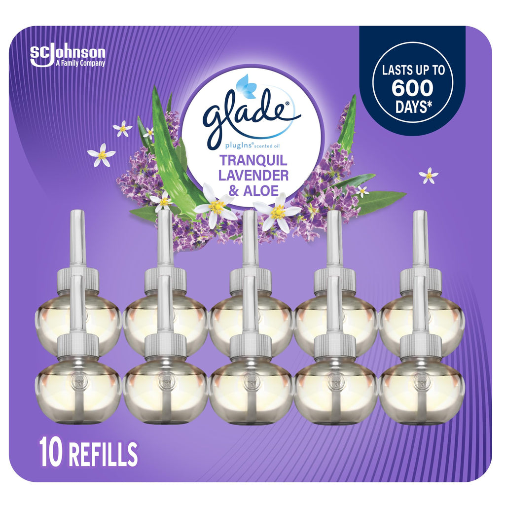 Glade PlugIns Air Freshener Oil Refill, Scented and Essential Oils for Home and Bathroom, Tranquil Lavender & Aloe, 10 Refills