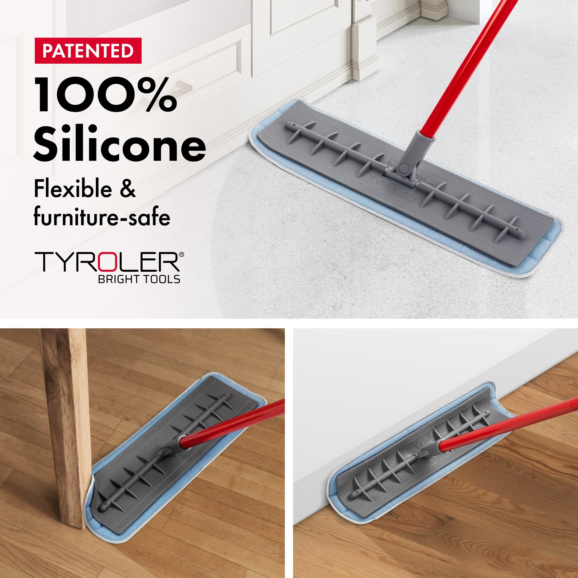 Tyroler Microfiber Floor Mop - Perfect for Hardwood, Laminate, Parquet & Tile 100% Flexible Silicone Won't Scratch | 2 Free Microfiber Pads | Aluminum Anti-Rust Handle (Mop)