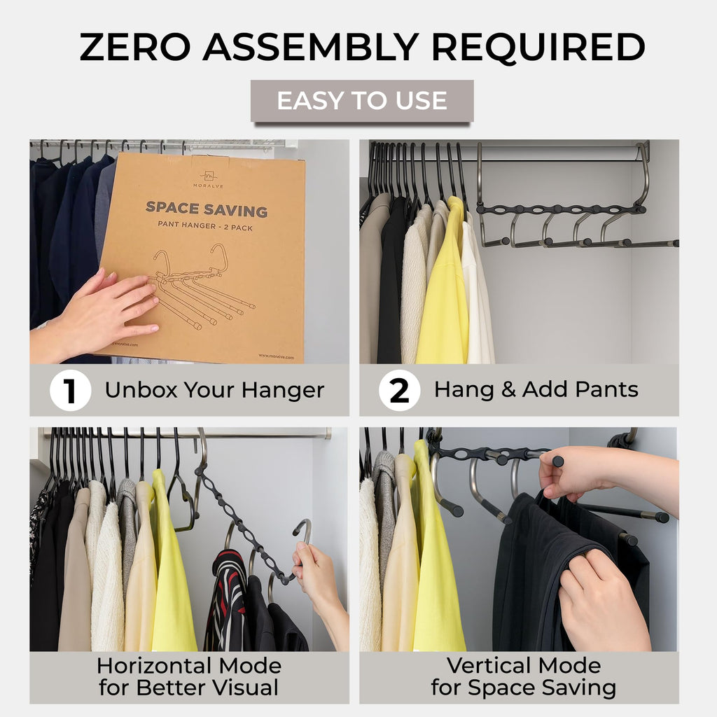 MORALVE Pants Hangers Space Saving - 4 Pack - Non-Slip Multi-Layer Space Saving Hangers - Multifunctional Clothing Rack for Closet Storage - Ideal for Jeans, Trousers, Skirts, Scarves & Slacks (Black)