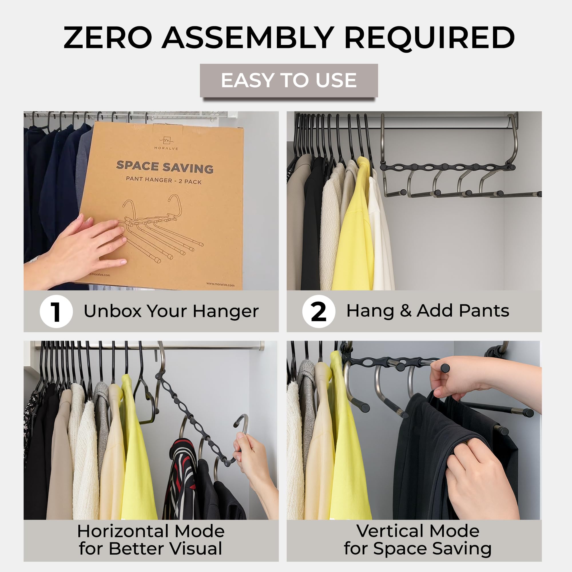 MORALVE Pants Hangers Space Saving - 4 Pack - Non-Slip Multi-Layer Space Saving Hangers - Multifunctional Clothing Rack for Closet Storage - Ideal for Jeans, Trousers, Skirts, Scarves & Slacks (Black)